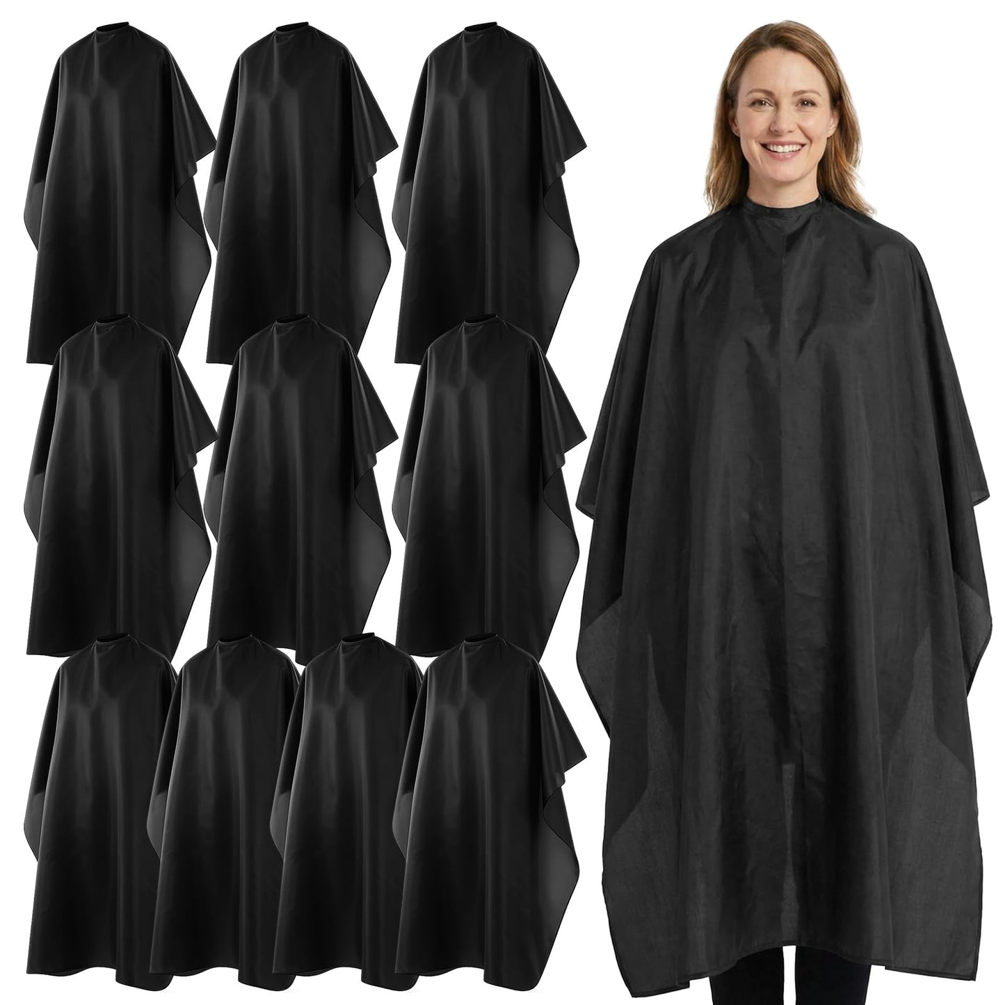 10 Pack Black Barber Cape Professional - Cutting Capes for Hairstylist, Waterproof Nylon Haircutting Capes with Adjustable Snap Closure, 47" x 59" Salon Cape