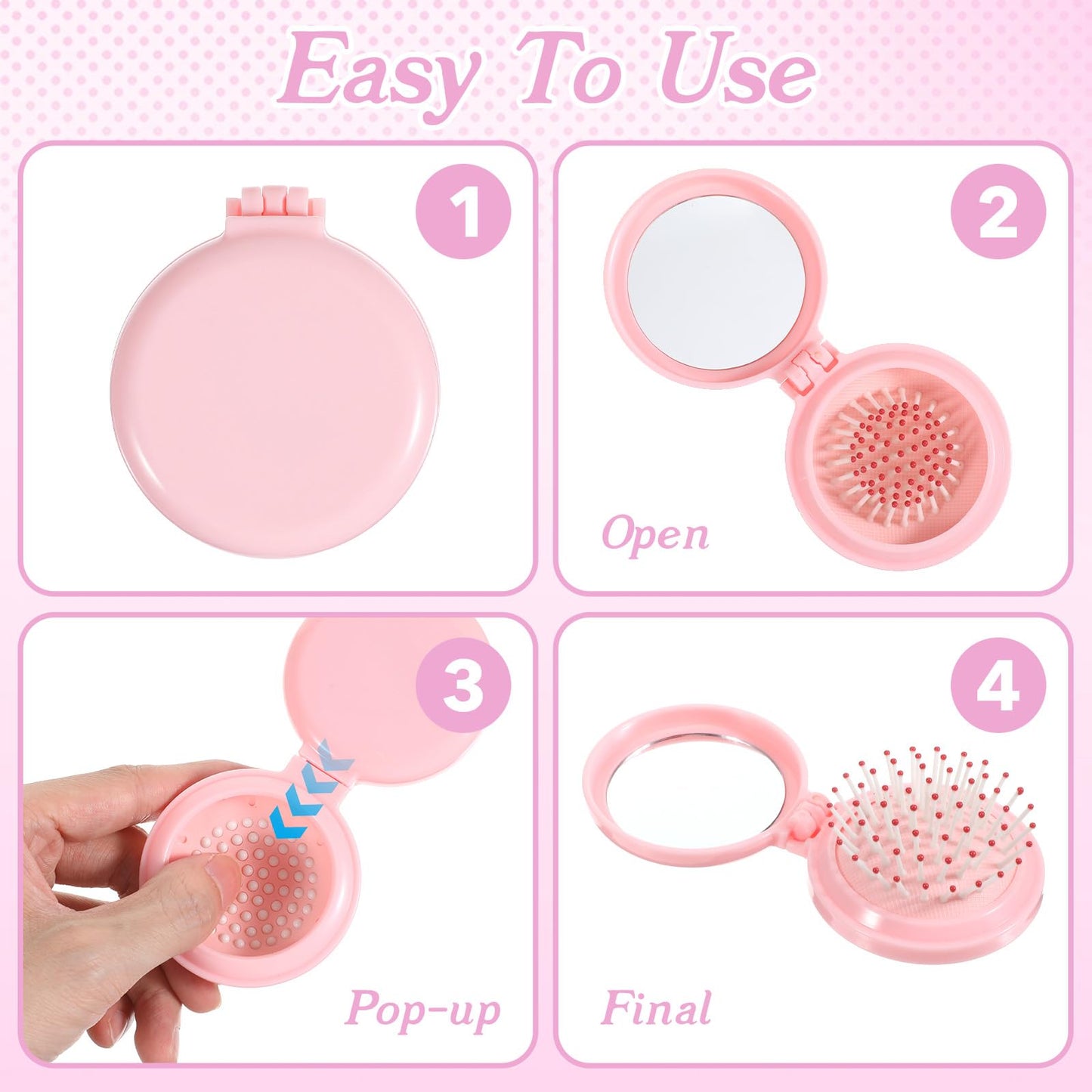 Mini Travel Brush for Women Folding Hair Brush Portable Mini Hairbrush with Mirror, Compact Pop Up Pocket Brushes, Small Travel Size Flip Brushes for Purse Girls Wet and Dry Hair, Pink