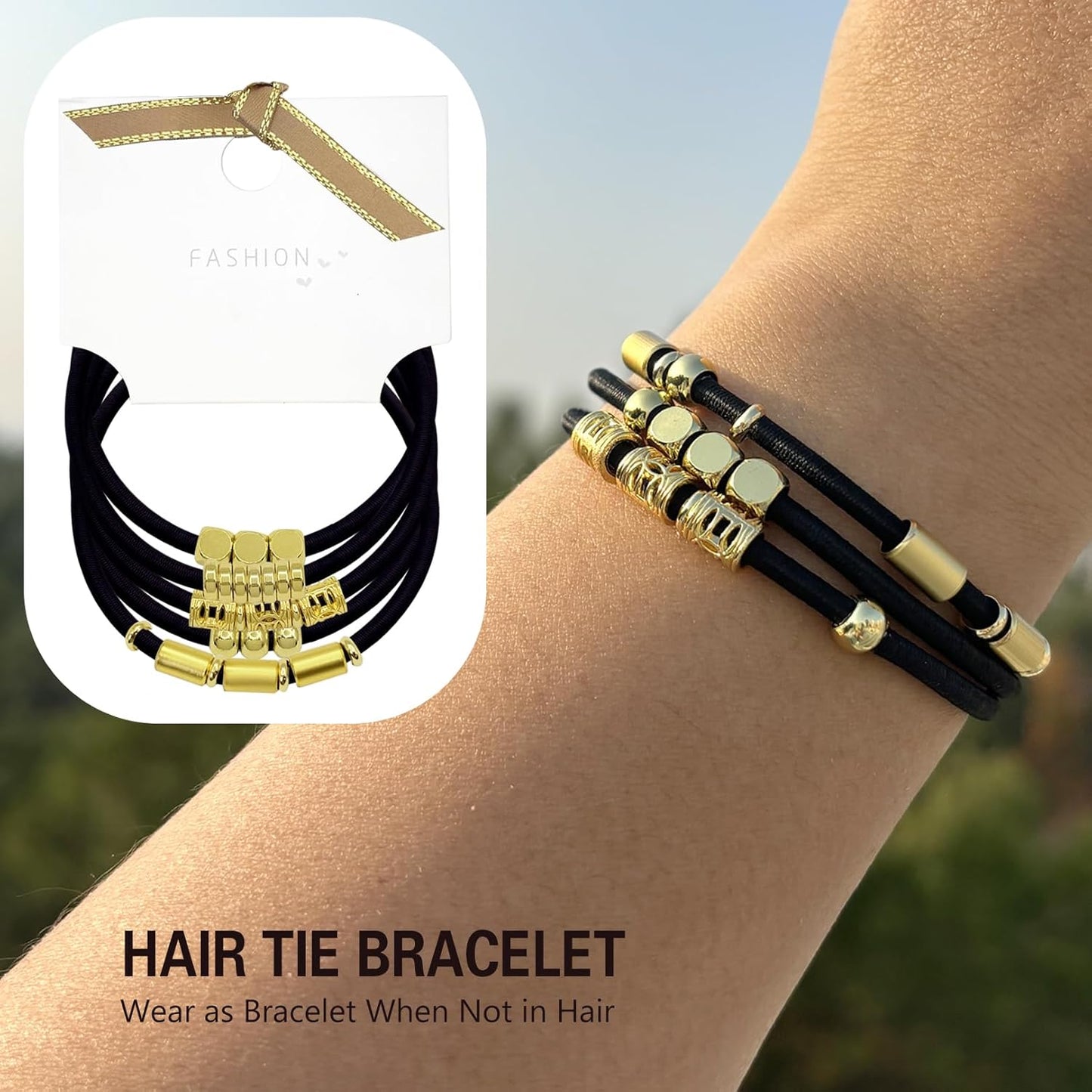 Black Hair Ties for Women - 5 Pack Elastic Ponytail Holders | 3mm Thick, No Damage, Beaded with Gold Charms