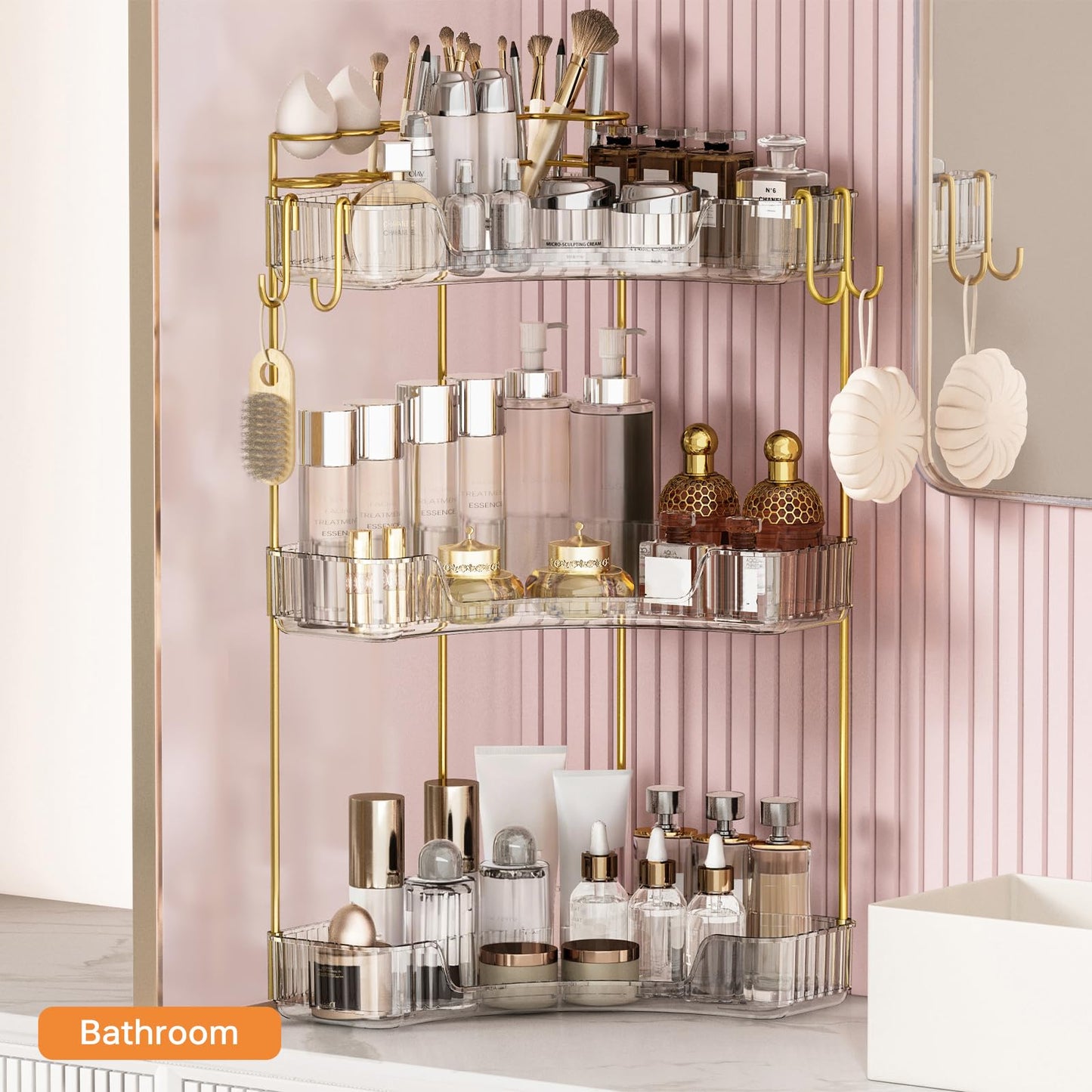 Greenby 3-Tier Corner Bathroom Counter Organizer，Makeup & Skincare Shelf with Built-in Brush Holder，Space-Saving Bathroom Countertop Organizer for Skincare, Perfume, Cosmetics(Clear)