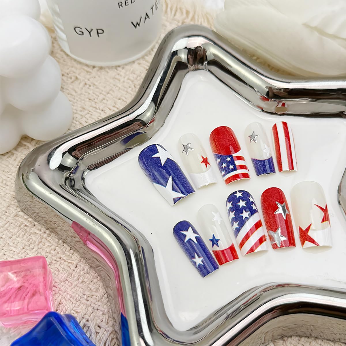 30Pcs 4th of July Press On Nails Medium Square French Tip Fake Nails Red White Blue Stars Stripes American Flag Design Patriotic Stick On Nails Independence Day Acrylic False Nails for Women Girls
