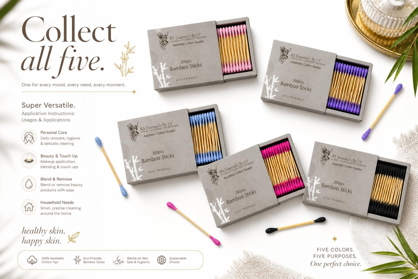 RS ESSENTIAL'S BY LV: Aesthetic Cotton Swabs Sticks Ear Swabs Bamboo swabs 200 Count Cotton Buds In 5 Colorful Colors (Blue)