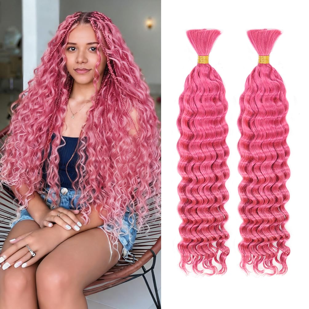 Deep Wave Human Braiding Hair for Boho Braids - 20 Inch 100G 2 Bundle/Pack Pink, 100% Unprocessed 12A Brazilian Virgin Human Hair Bulk, No Weft, Wet and Wavy Human Braiding Hair for Knotless Braids