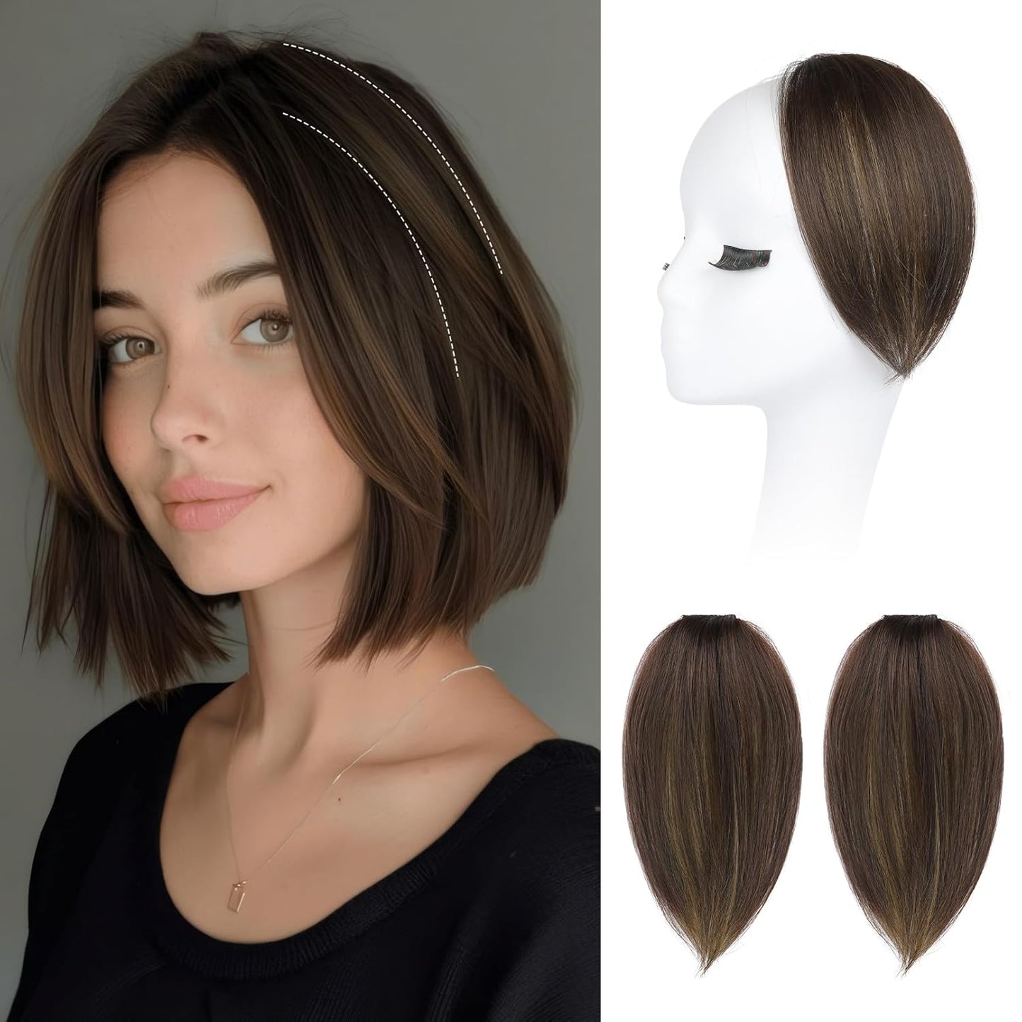 REECHO Clip In Hair Volumizer - Short Thick Hairpieces for Extra Volume | Light Brown with Blonde Highlights, 8 Inch (Pack of 2)