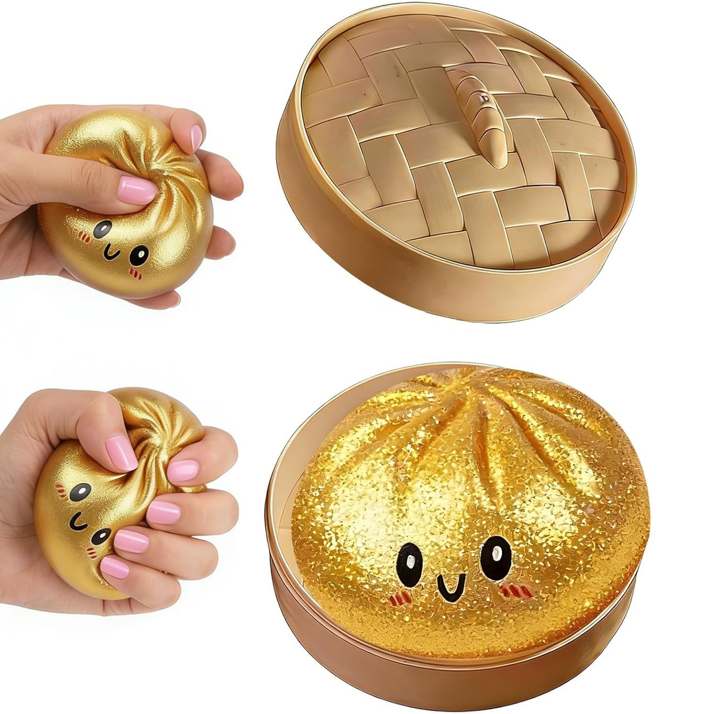 Dumpling Squishy, Colorful Dumpling Squishes Stress Balls with Steamer, Easter Gifts, Soft Squeeze Decompression Dough for Adults (Gold)