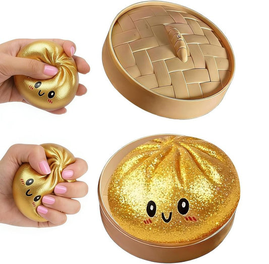 Dumpling Squishy, Colorful Dumpling Squishes Stress Balls with Steamer, Easter Gifts, Soft Squeeze Decompression Dough for Adults (Gold)