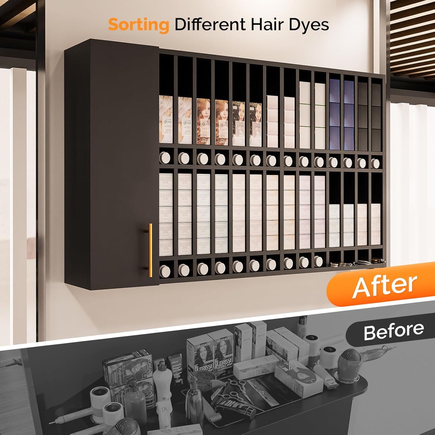 OmySalon Wall Mounted Salon Station - Hair Color Rack Organizer with Adjustable Shelves | Black