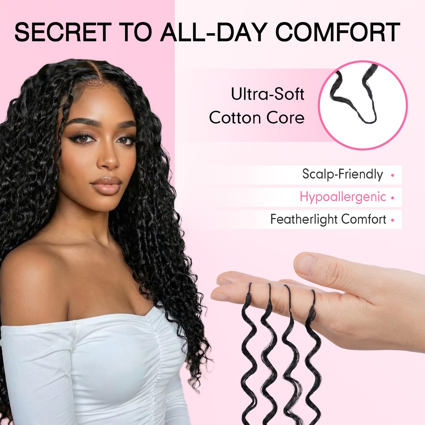 Miracle Knots Feather Crochet Hair (Jerry Curl) - 14" Hand-Tied Synthetic Extensions, 150 Strands Soft Cotton Core Glue-Free Knotless Hair Pieces (Natural Black)