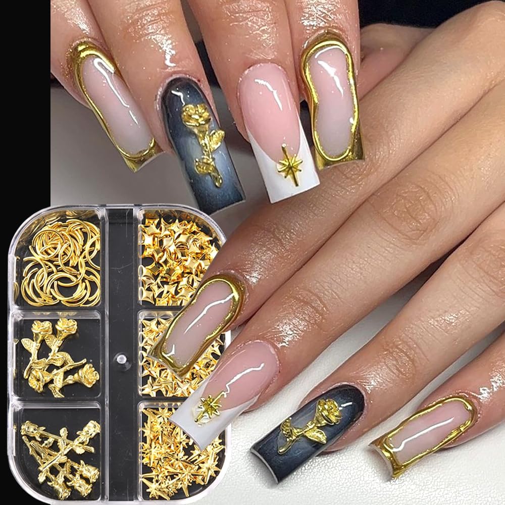 3D Star Nail Art Charms - Gold Metallic Studs & Rhinestones | Mixed Styles for DIY Manicure Supplies