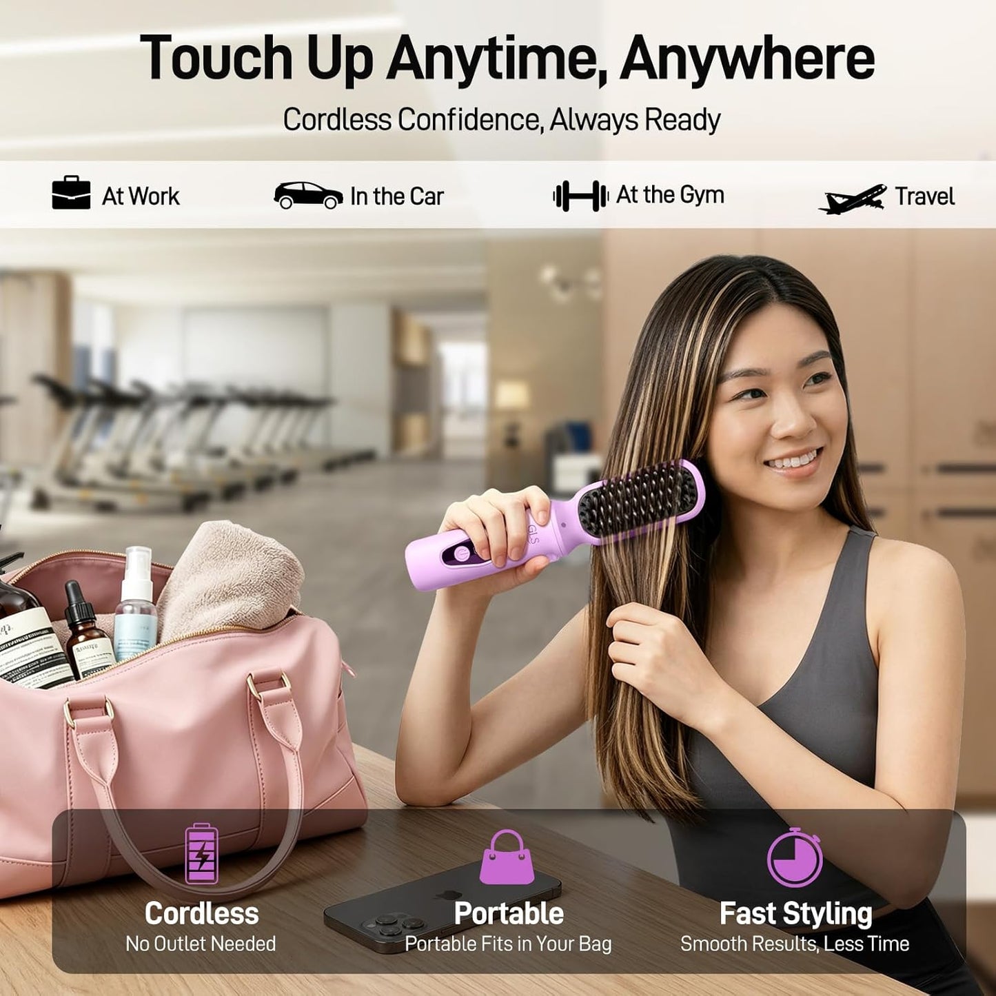 Cordless Hair Straightener Brush - 3-in-1 Portable USB Rechargeable Styler for Travel | Fast Heat, Purple