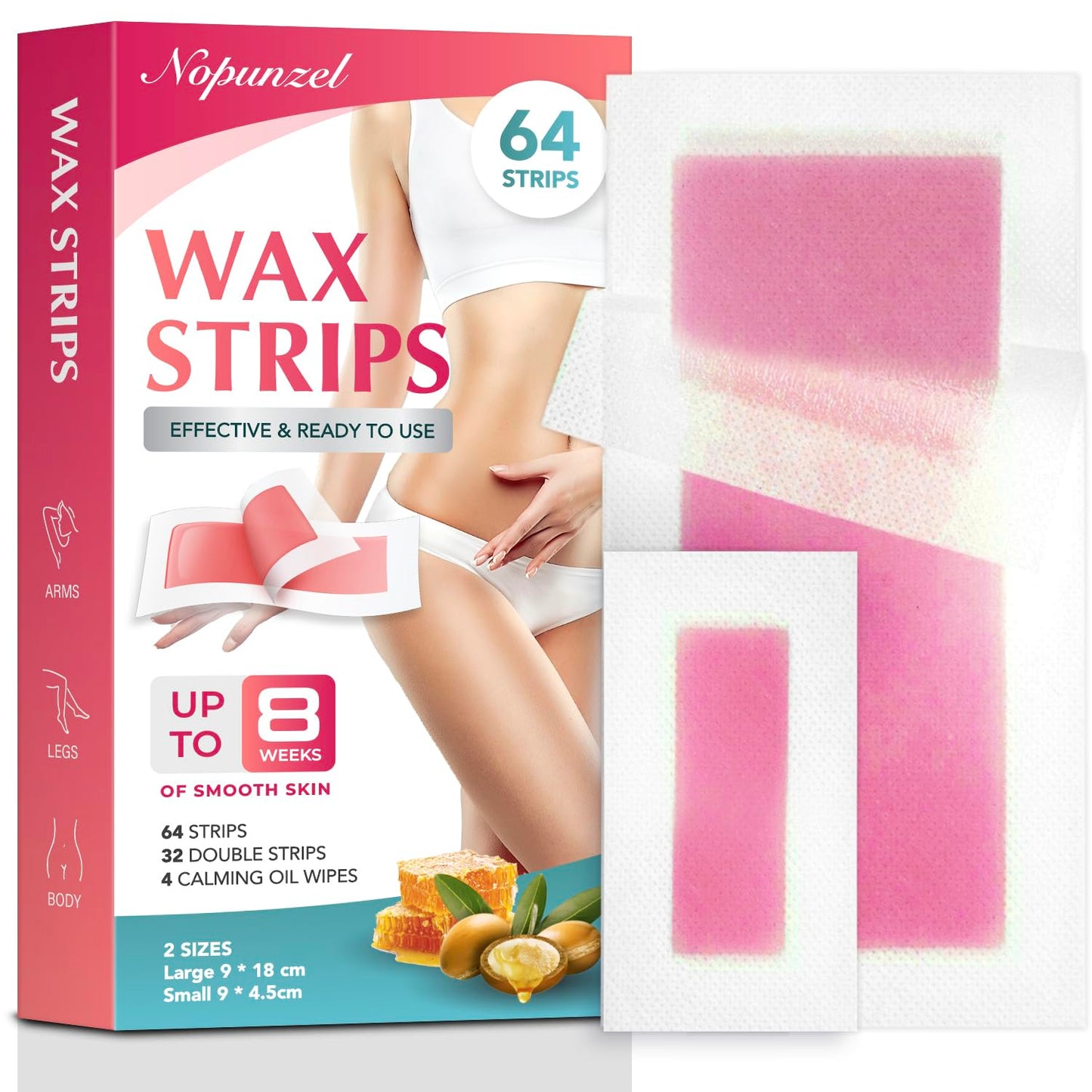 Wax Strips for Hair Removal - 64 Waxing Strips & 4 Calming Oil Wipes | At-Home Brazilian Waxing Kit for Women - Body, Legs, Arms, Bikini