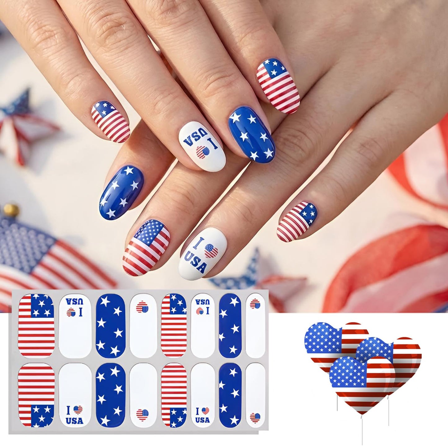 4 Sheets 4th of July Nail Wraps for Woman - Patriotic Full Cover Red White Blue Glitter Stars Stripes Self-Adhesive French Nail Polish Strips Independence Day Memorial Day Veterans Day Party Gift Set