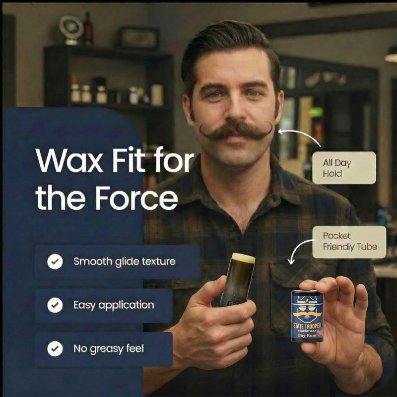 State Trooper Mustache Wax for Men – Medium Hold with Beeswax, Coconut Oil & Lanolin – Natural Moustache Grooming & Styling Wax with Citrus Scent - Nourishing Conditioner & Sculpting in a Tube/Stick