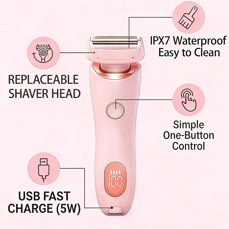 Livora Electric Shaver for Women, SilkGlide Cordless Razor for Legs Underarms Bikini, Painless Hypoallergenic Lady Trimmer, IPX7 Waterproof Wet Dry Use, USB Rechargeable (Pink)