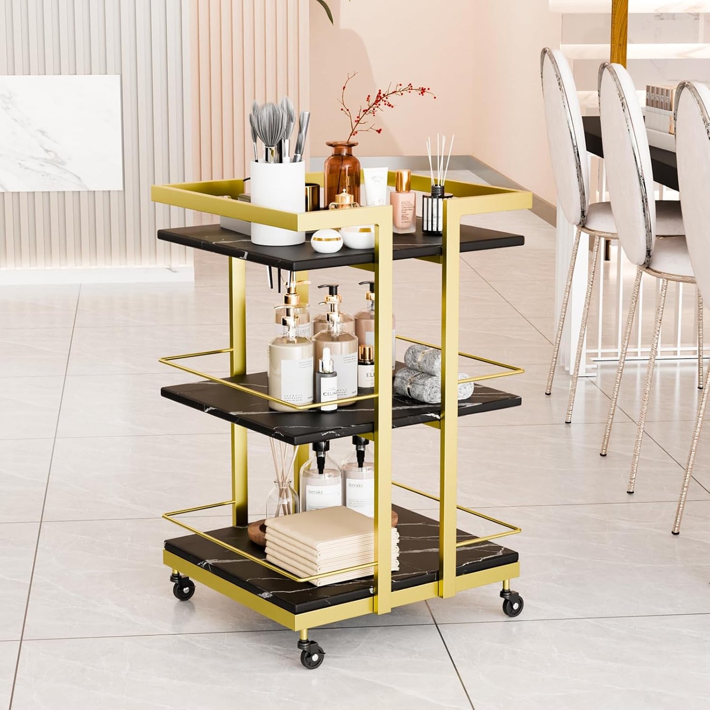 Esthetician Cart - Rolling Salon Trolley with Wheels | Black Gold Mobile Storage Organizer for Beauty Spa & Cosmetology