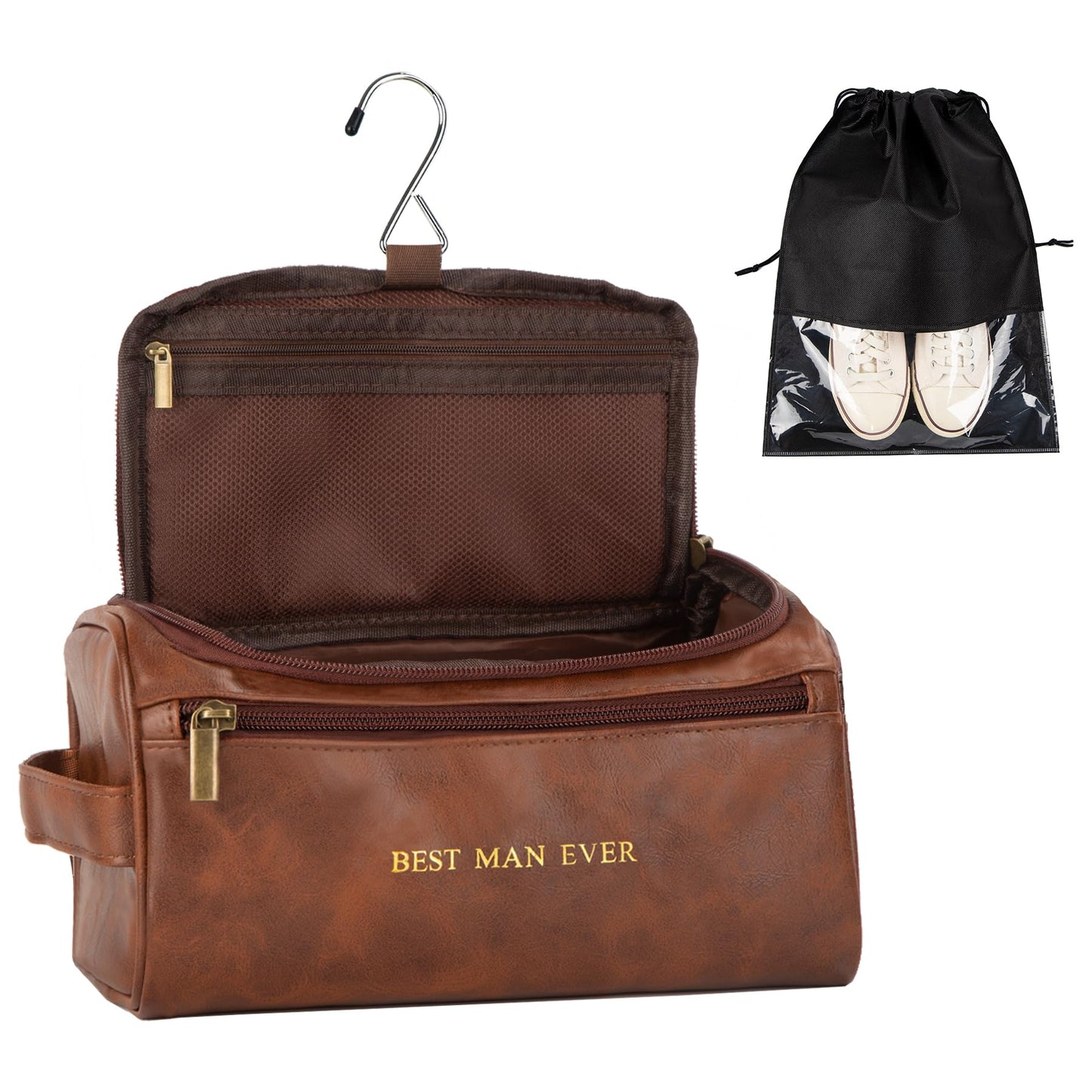 Flycalf Personalized Mens Toiletry Bag for Men BEST MAN EVER Gold Foil Stamped Leather Travel Shaving Dopp Kit Groomsmen Gifts Dad Husband Boyfriend Wedding Birthday (Brown)