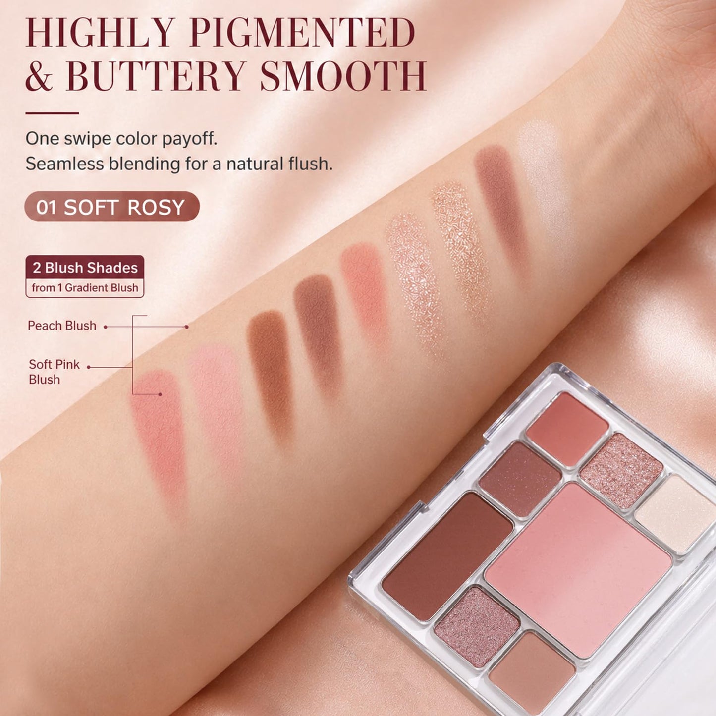 All-in-One Makeup Palette with 6 Matte Shimmer Eyeshadows, Ombre Blush & Contour, Highly Pigmented Blendable Face Palette for Daily Makeup, Travel, Office, Dates & Gift for Women(01 Soft Rosy)