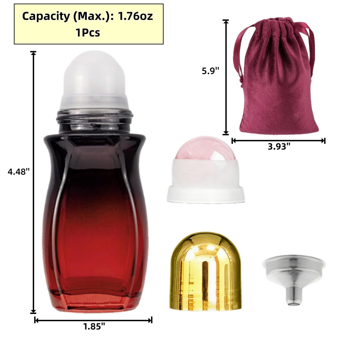 Rose Quartz Roller Bottle,Castor Oil Rose Quartz Roller Ball,50ml Refillable Amber Glass Leak-Proof Rollerball Container (Black bottle + pink beads)