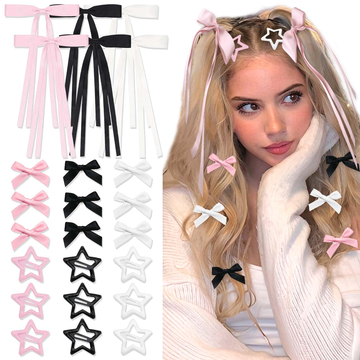 STGDAK 24Pcs Star Hair Clips Pink Bows for Hair Mini Bow Clip White Ribbon Bows Long Tail Cute Star Clip Coquette Y2k Valentines Day Accessories Kawaii Bow Ribbons For Women Girls Valentines Gift