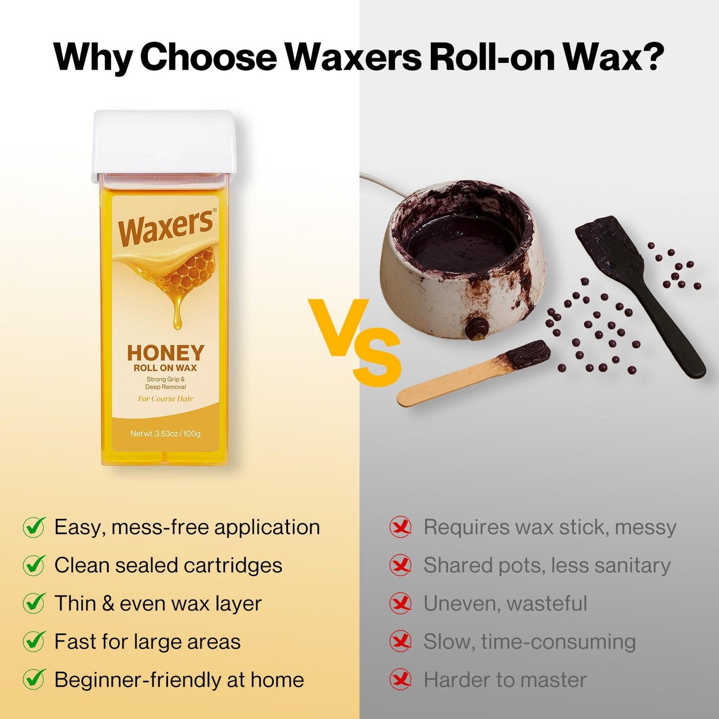 Waxers Roll on Wax Kit for Hair Removal Honey at Home Waxing Kit for Women & Men Roller Wax Cartridge Depilatory for Coarse & Thick Hair with Warmer & Strips