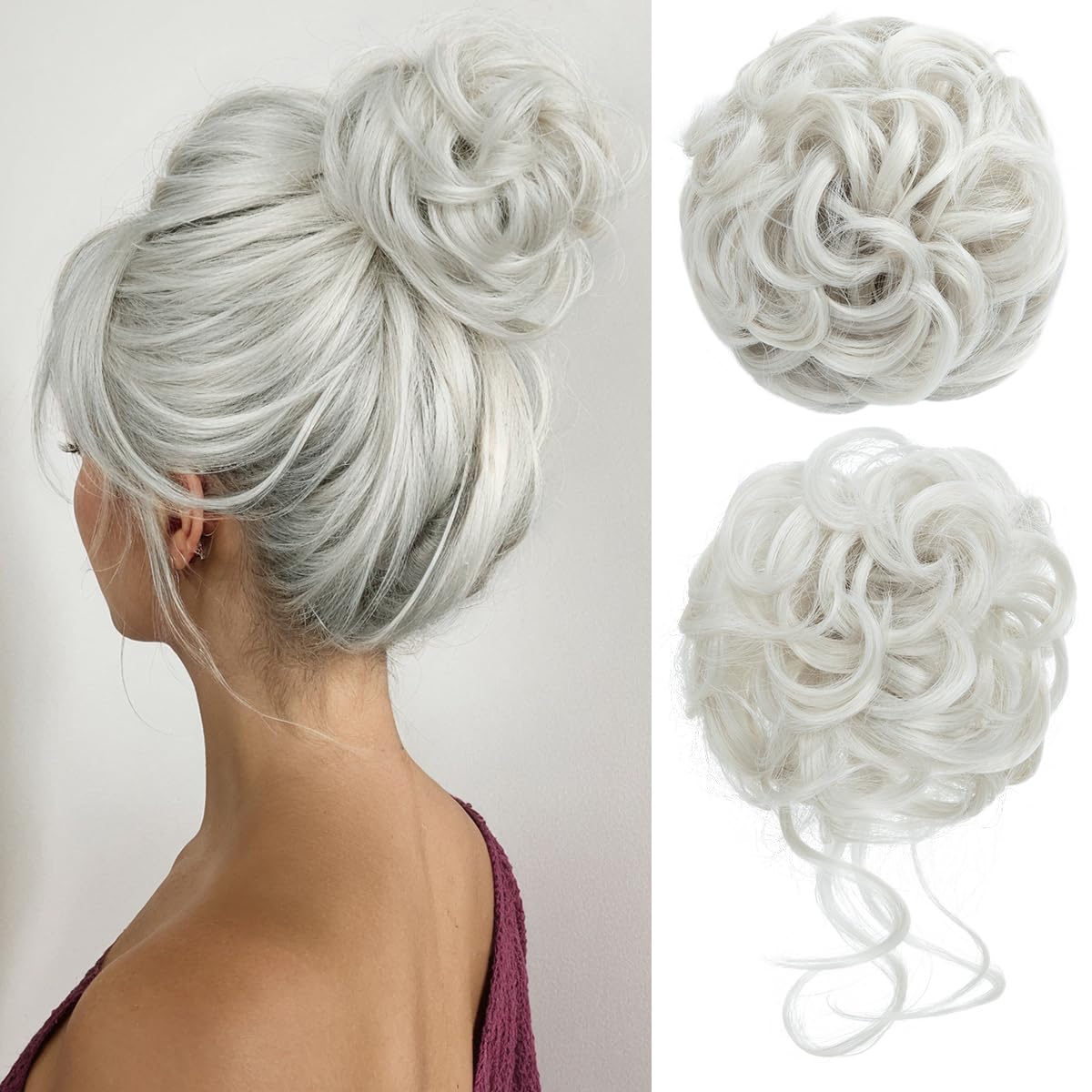 Messy Bun Hair Pieces - 2PCS Wavy Curly Synthetic Updo Extensions | White Scrunchies for Women