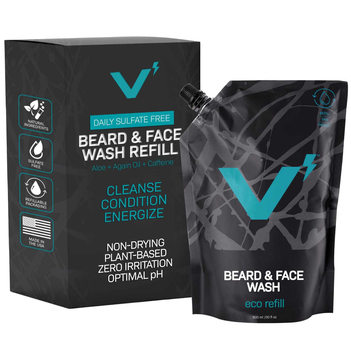 VOLT Face & Beard Wash for Men, Sulfate Free Cleanser with Shea Butter, Argan Oil & Caffeine, Plant Based, Hydrating & Conditioning, Outback Sandalwood Scent, Refillable Aluminum Bottle, 30 Oz Bottle