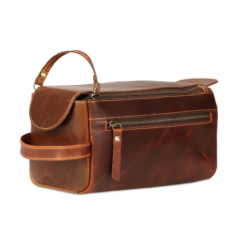 KomalC Premium Buffalo Leather Toiletry Bag for Men & Women With Water resistant Lining, Grooming Travel Pouch, Unisex Wash Bag for Toiletries, Gifts for Men and Women