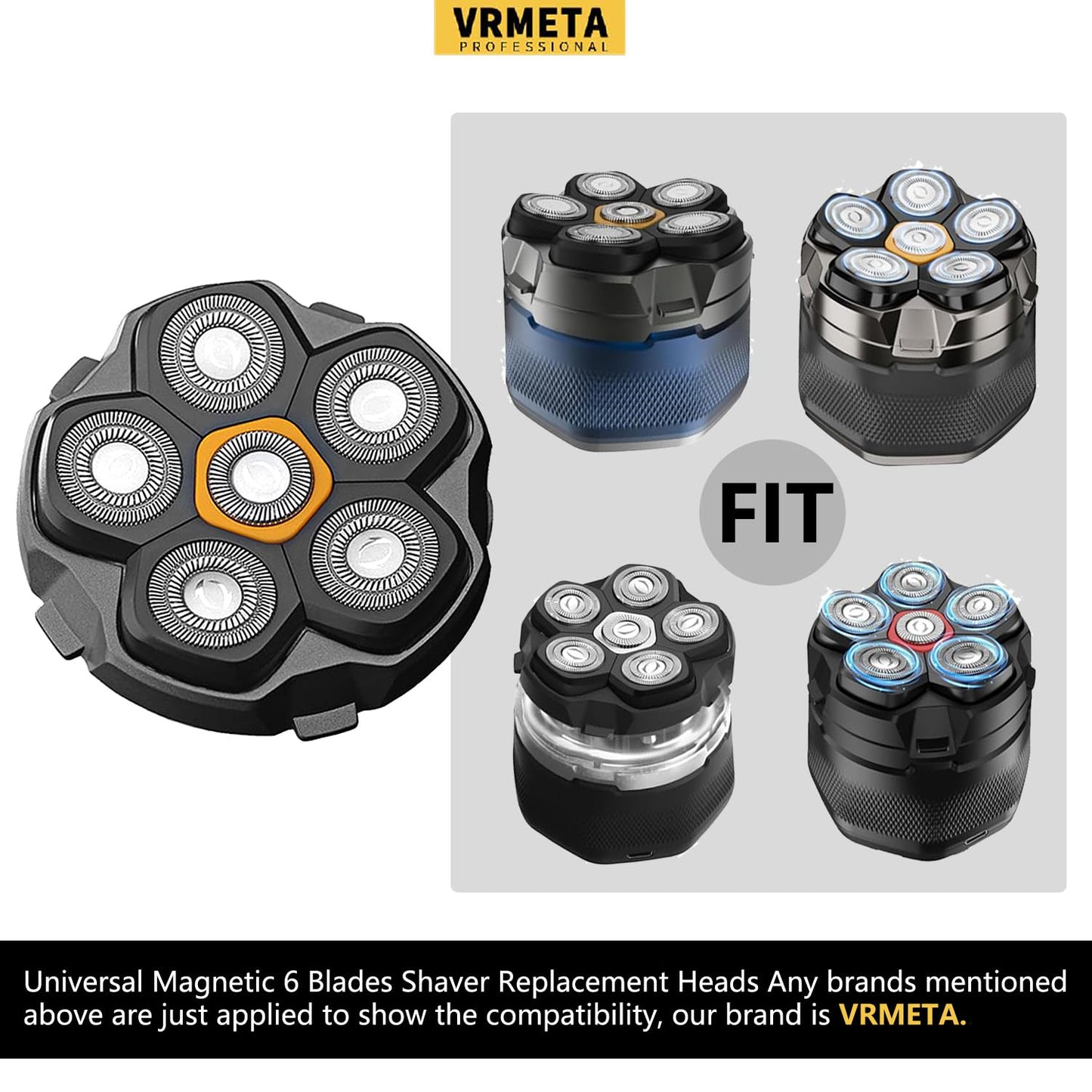 6 Blade Magnetic Replacement Shaving Heads for Bald Men Compatible with All 6D Magnetic Electric Razor (1 PCS VM-072)