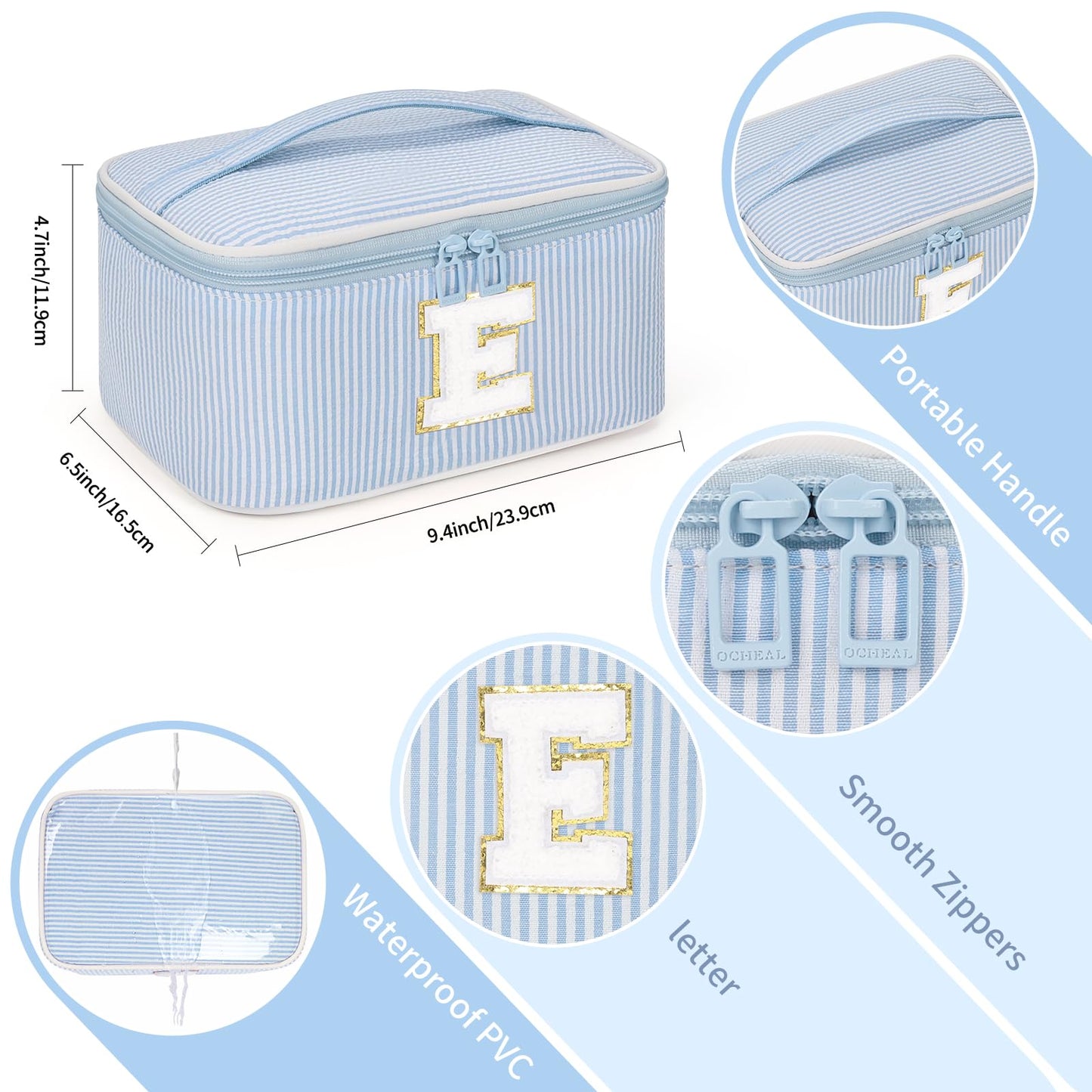OCHEAL Makeup Bag for Women, Monogram Cosmetic Bag Blue Travel Makeup Case Beauty Toiletry Bag Organizer Personalized Gifts for Girls Bridesmaid, Sister, Wife, Friends Initial E