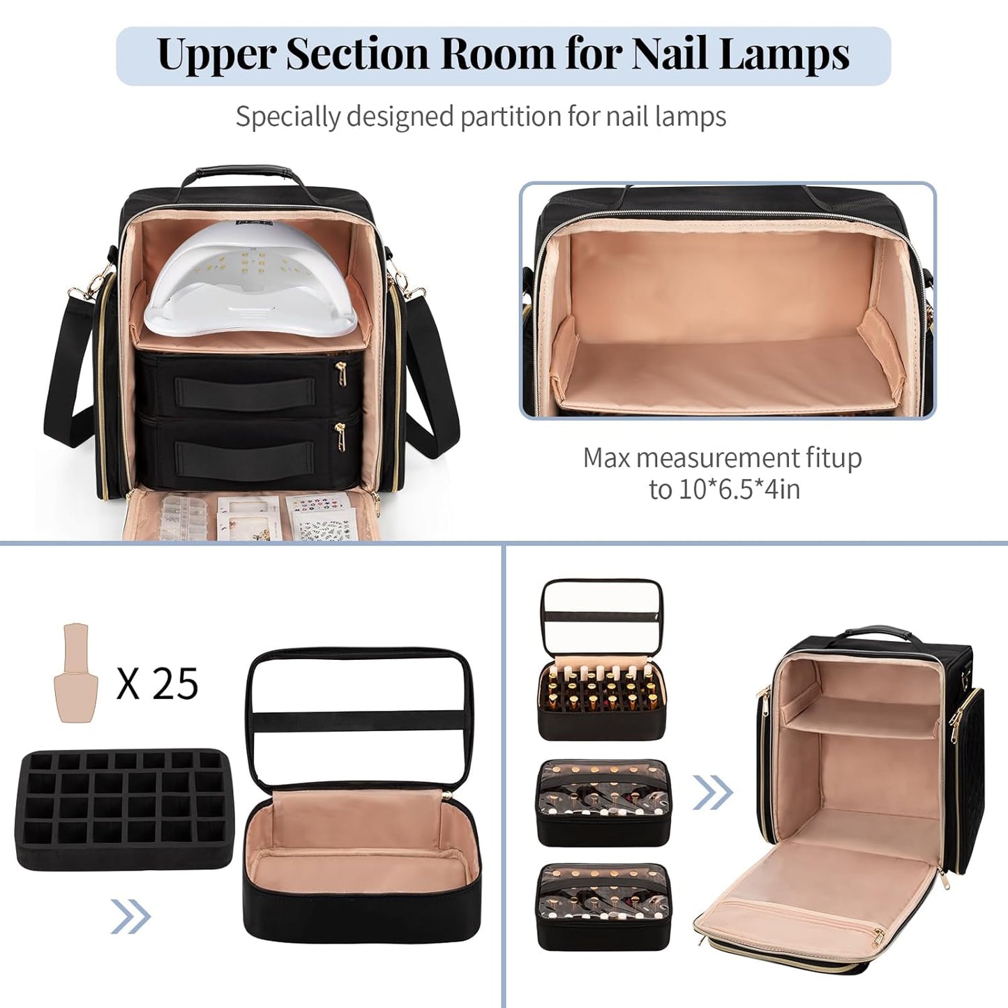 Nail Polish Organizer - Holds 75+ Bottles & Lamp | Manicure Tools Storage Bag - Black