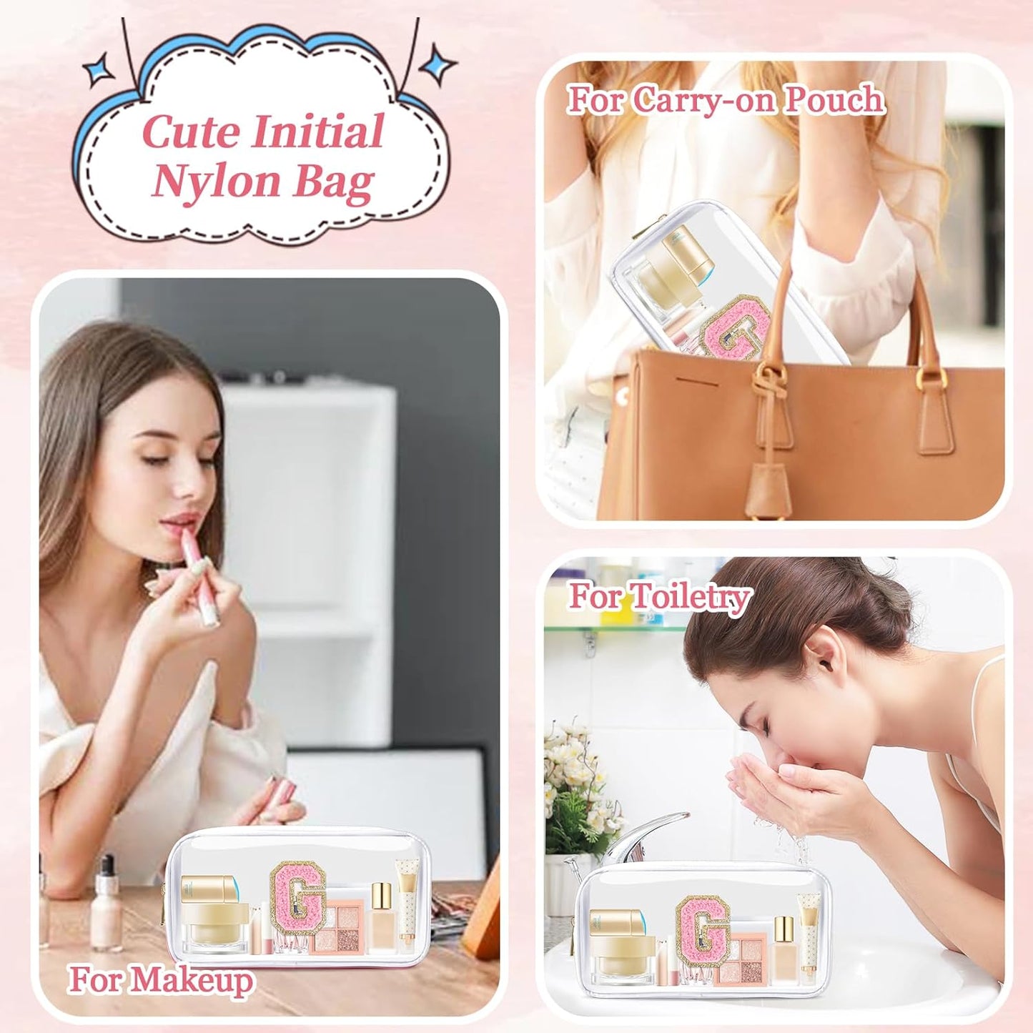 Personalized Initial Makeup Bag - Waterproof Nylon Cosmetic Pouch | A-Z Chenille Letter Patch, White-Pink G