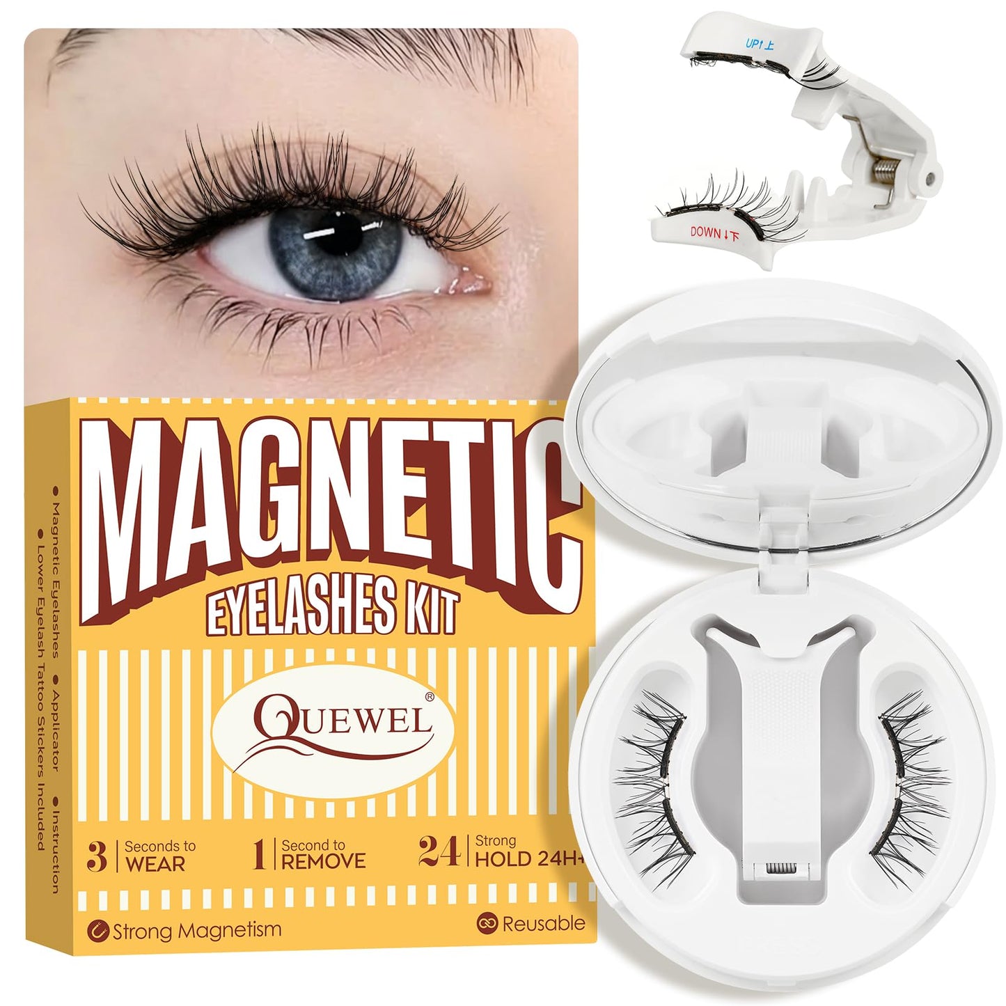QUEWEL Magnetic-Eyelashes with Applicator, Upgrade 1 Pair Soft Magnetic Lashes, No Glue Needed Reusable Magnetic Eyelashes So Soft and Suitable for Beginners (Soft-Magnetic-B01)