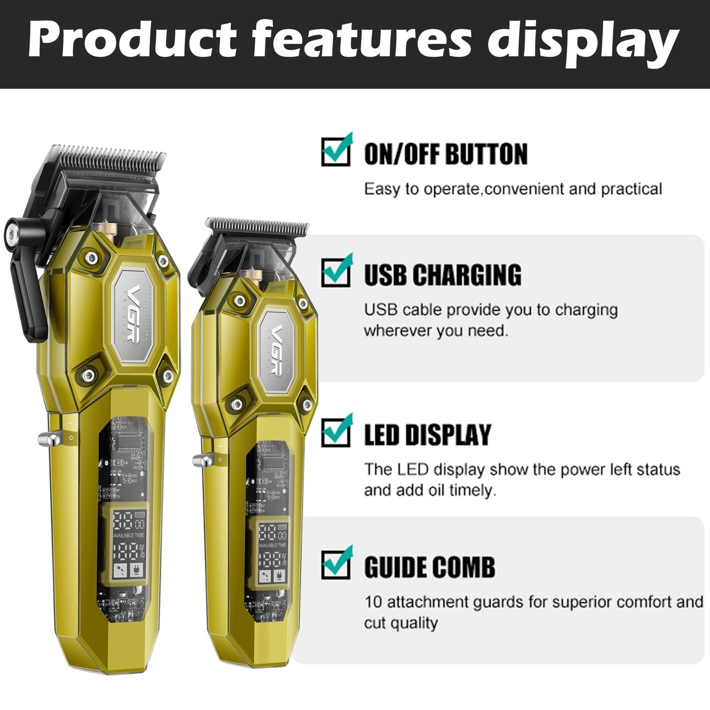 VGR Professional Hair Clippers for Men, Cordless Barber Clippers and Trimmers Set, Mens Hair Cutting Kit with 10 Guide Combs, USB Rechargeable Haircut Machine for Family, LED Display, Gold