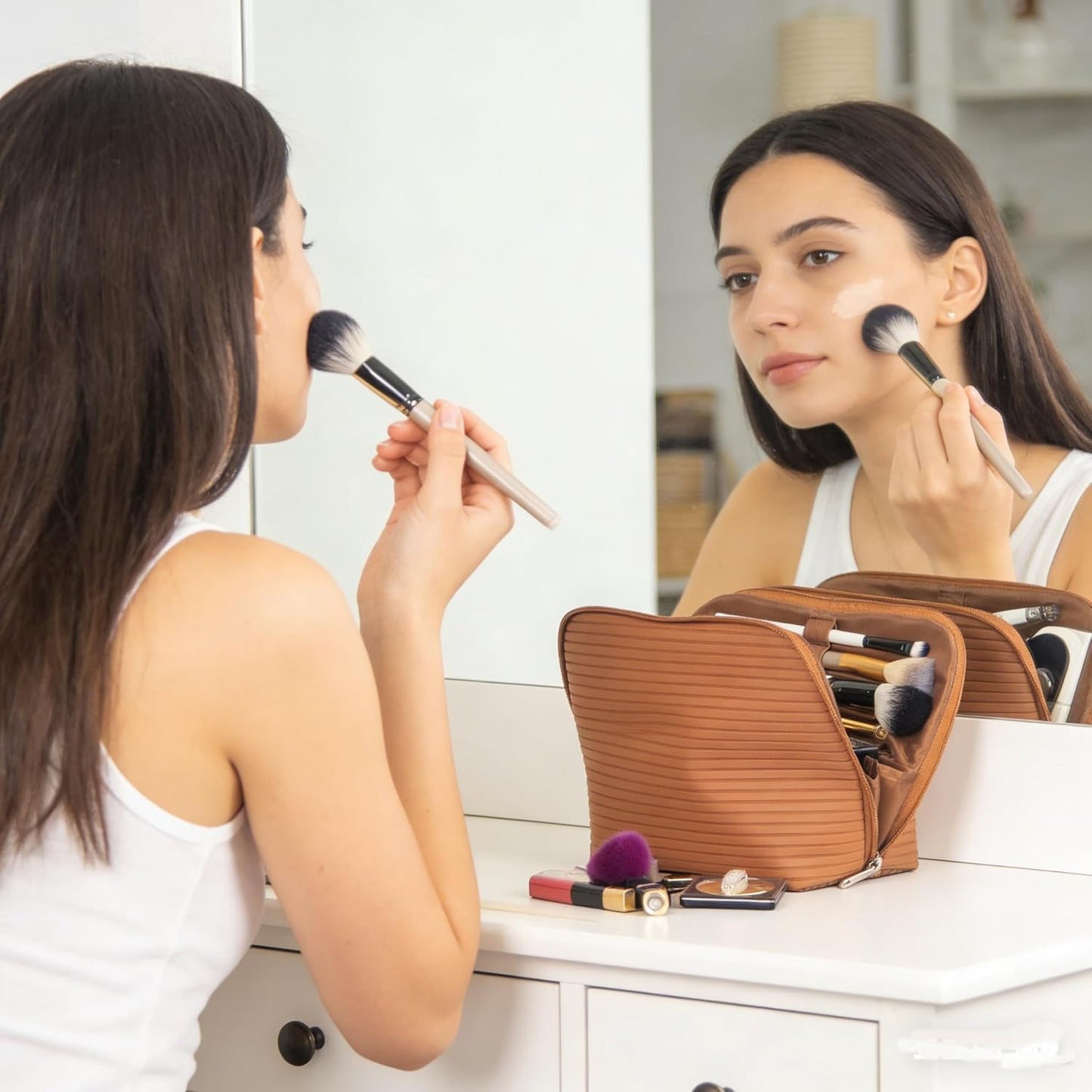Travel Makeup Bag - Waterproof Stand-Up Cosmetic Organizer with Brush Holders | Large Brown Design for Skincare & Toiletries