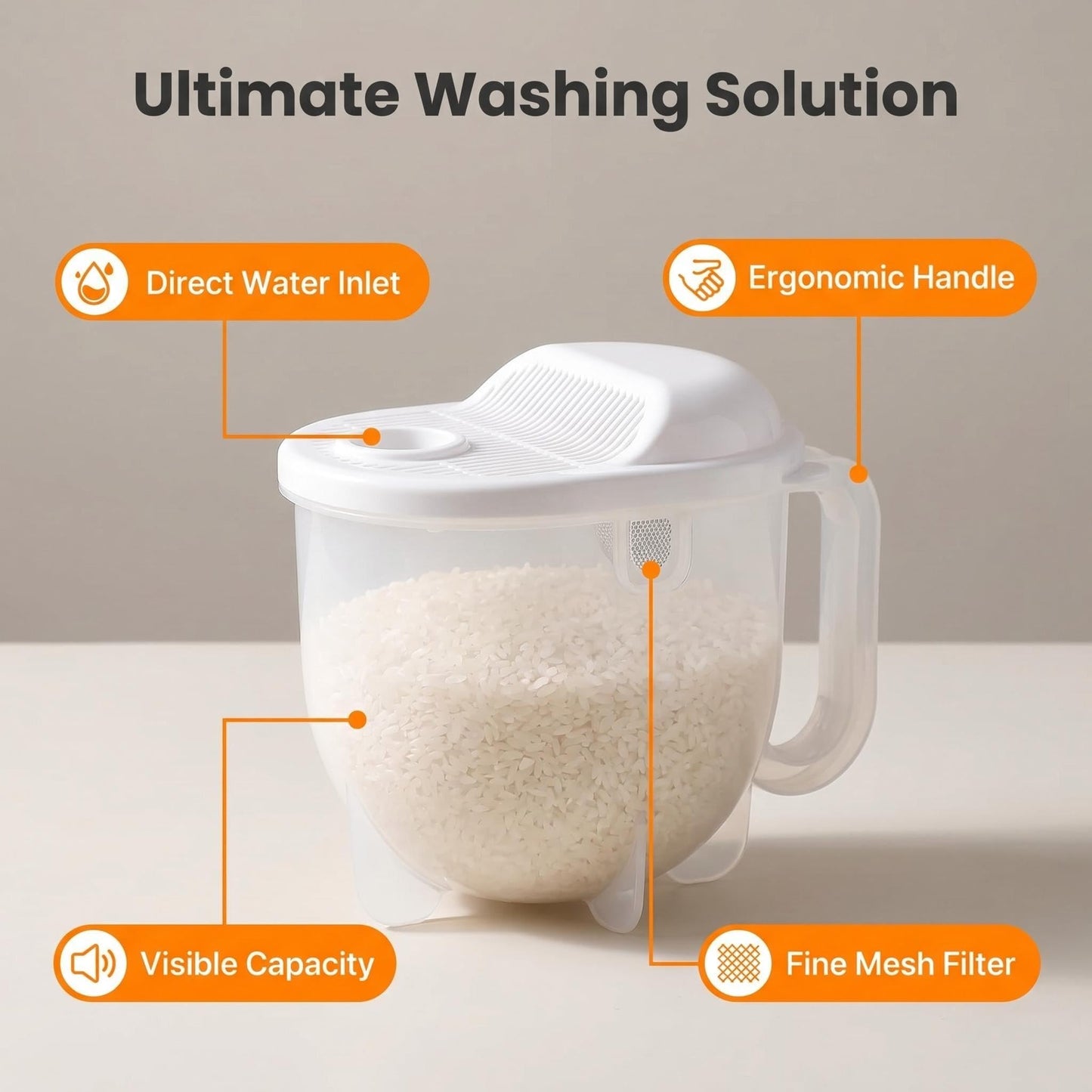 Rice Washer Strainer Bowl with Handle - Plastic Grain & Vegetable Washing Bowl, Perfect for Rice Washing Bowl Needs and Rice Rinser Strainer Use with Beans, Pasta & Fruits (White)