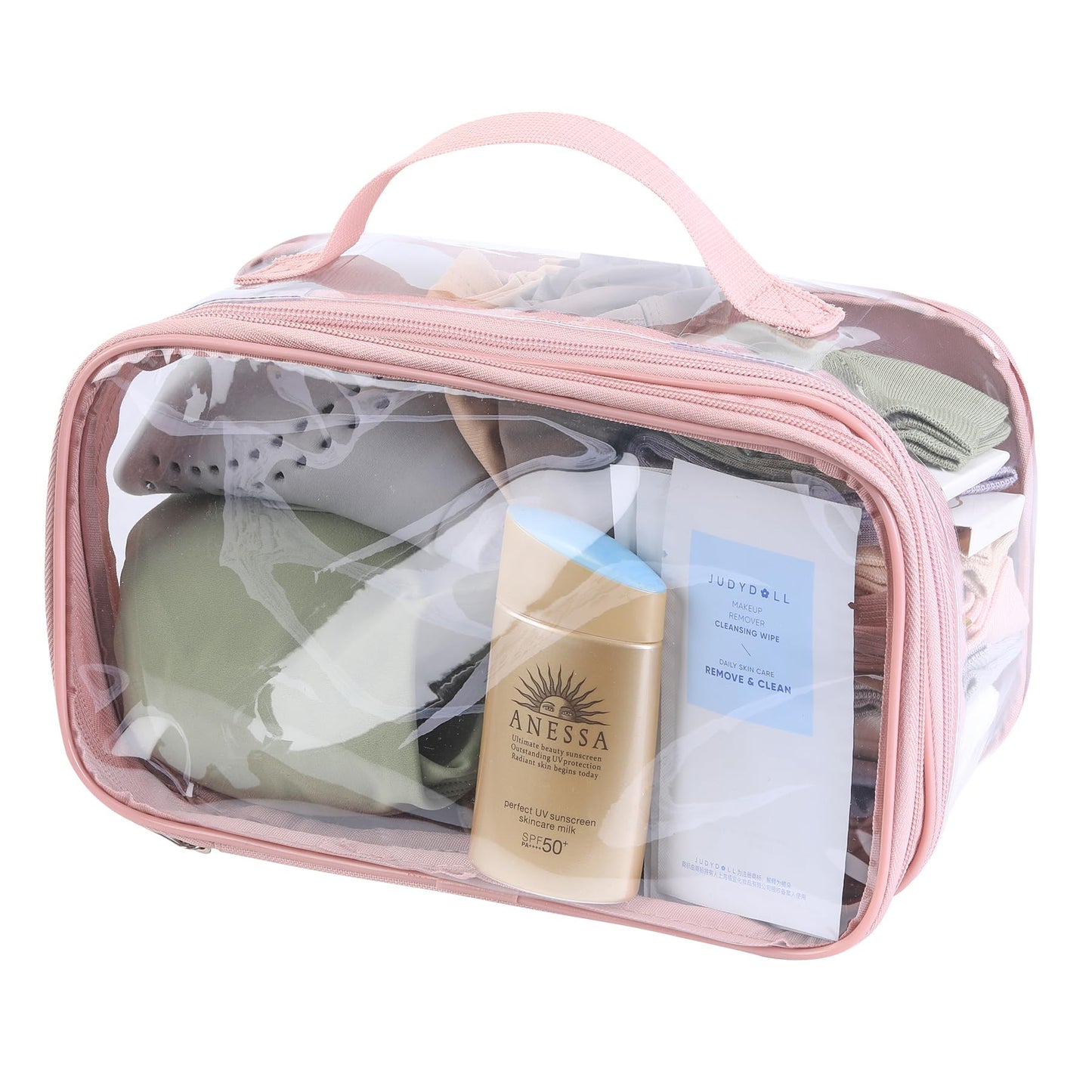 BORMELUN Large clear travel pouch,TSA approved toiletry reusable organizer with zipper proof purse makeup case carry On (Pink)