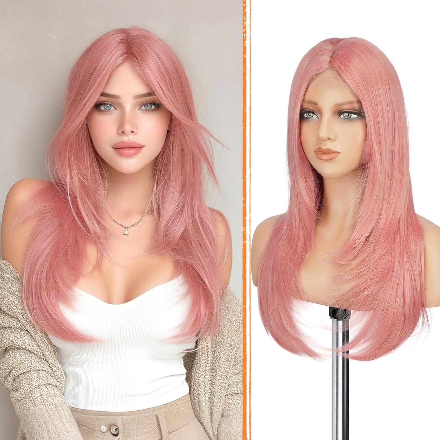 Blonde Wig with Curtain Bangs - Lace Front Long Layered Synthetic Hair for Women | 24 Inch Natural Look