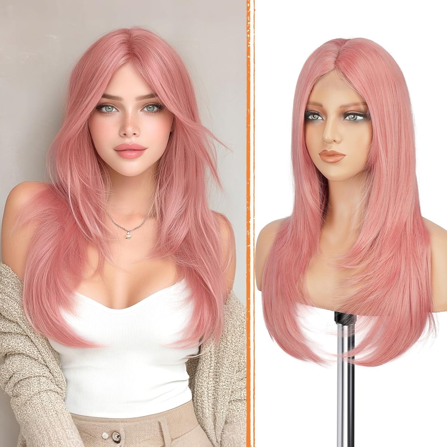 Blonde Wig with Curtain Bangs - Lace Front Synthetic Hair, 24 Inch Dirty Blonde | Natural Looking, Long Layered Style