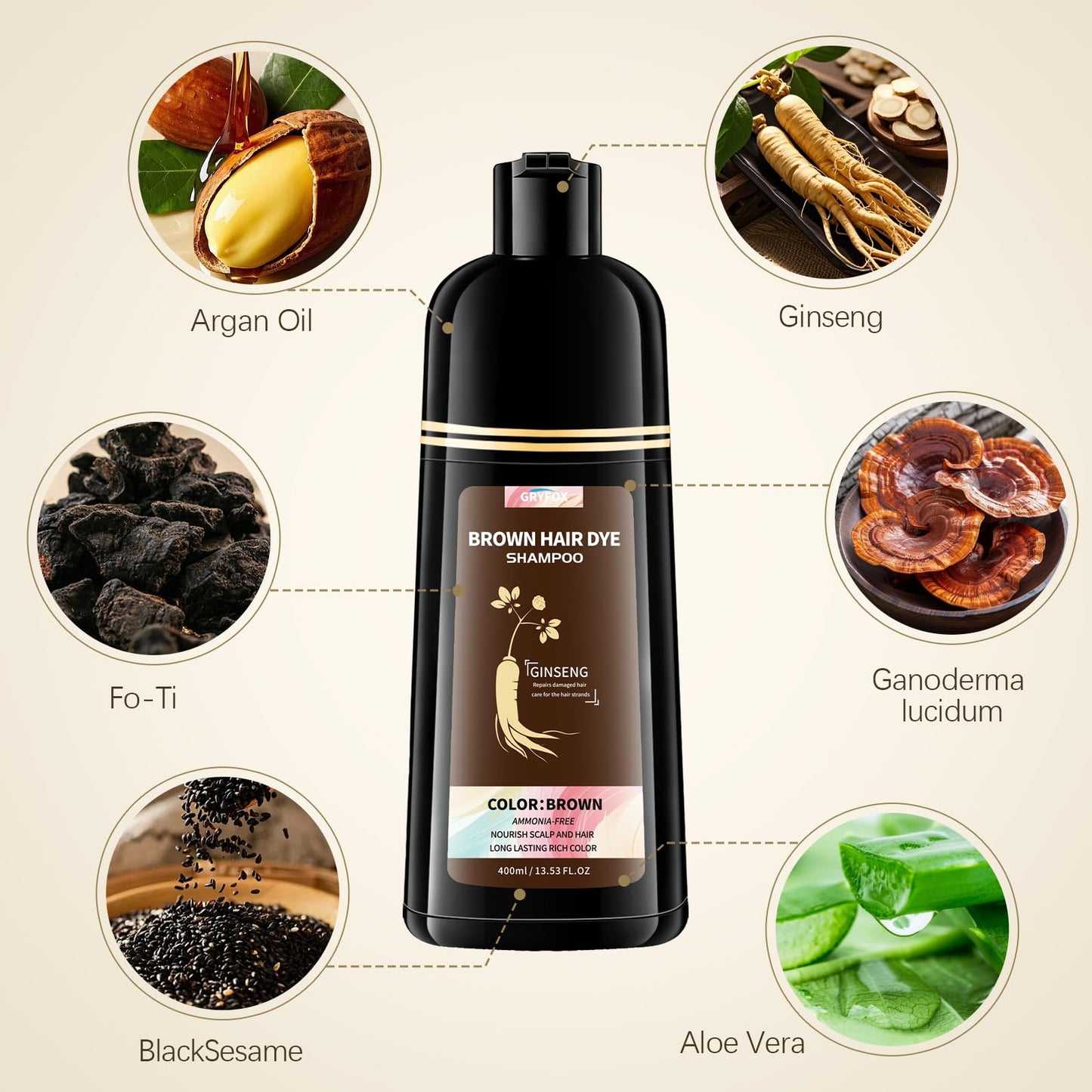 GRYFOX Brown Hair Dye Shampoo for Gray Coverage, 3 in 1 Hair Color Shampoo for Women and Men,Semi-Permanent Color with Natural Herbal Ingredients