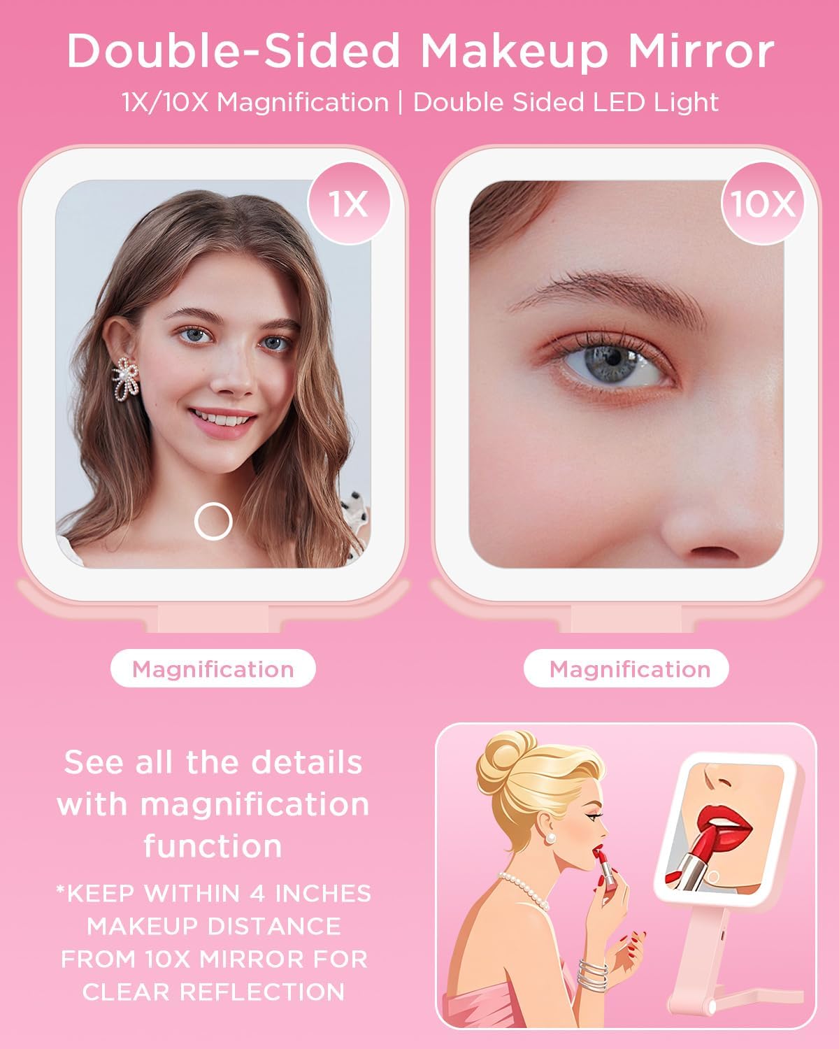Magnifying Makeup Mirror with LED Light - Double-Sided 10X/1X | Dimmable Touch Screen & Storage Bag - Pink (10.3 x 5.2 IN)