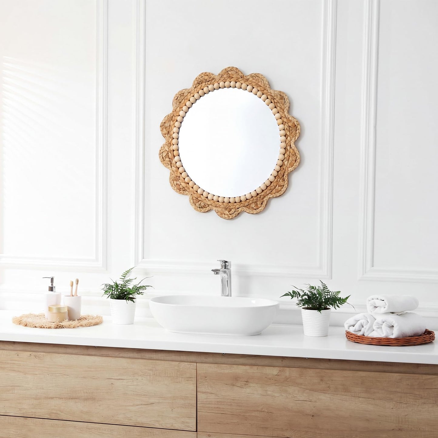 Glooglitter 15 Inch Boho Scalloped Wall Mounted Mirror Decorative Circle Wavy Rattan Hanging Mirror Farmhouse Wicker Wall Decor for Farmhouse, Bathroom, Living Room, Bedroom, Nursery, Entryway Decor
