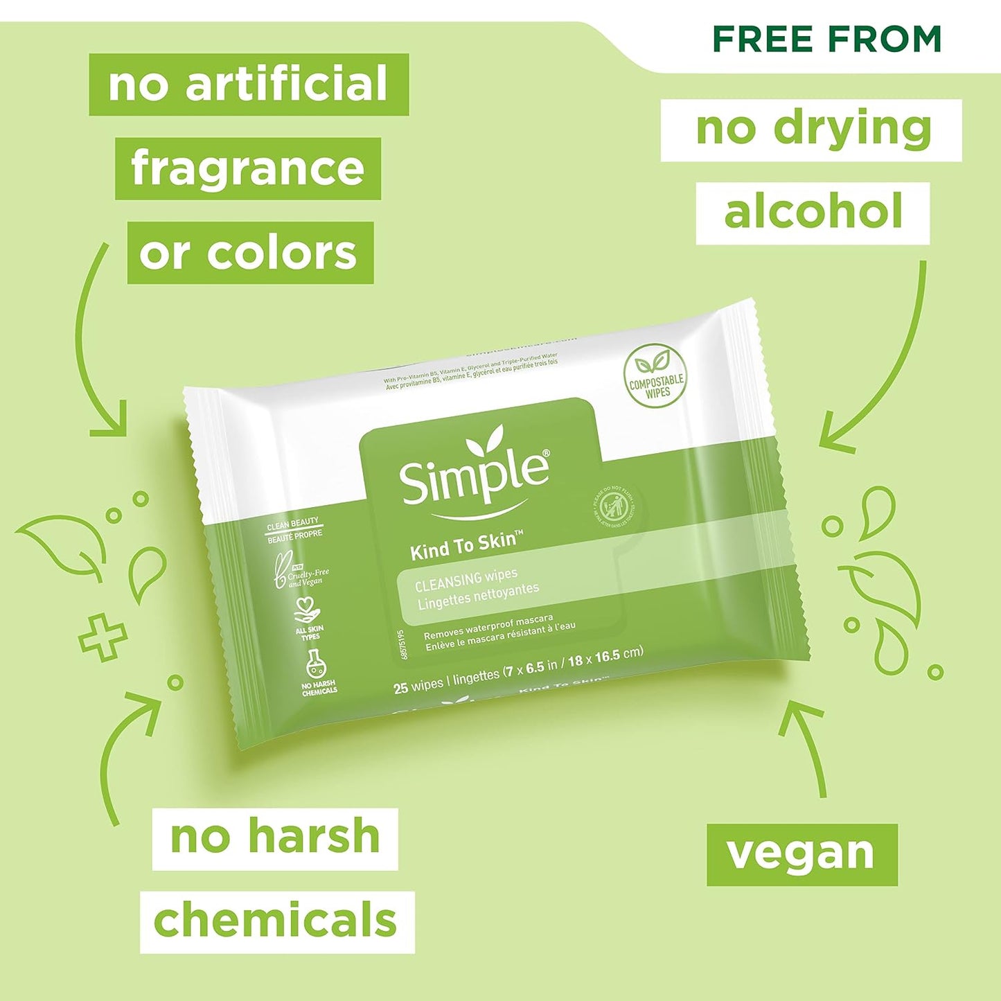 Gentle Makeup Remover Facial Wipes - Kind to Skin, 25 Count | Dye-Free & Chemical-Free