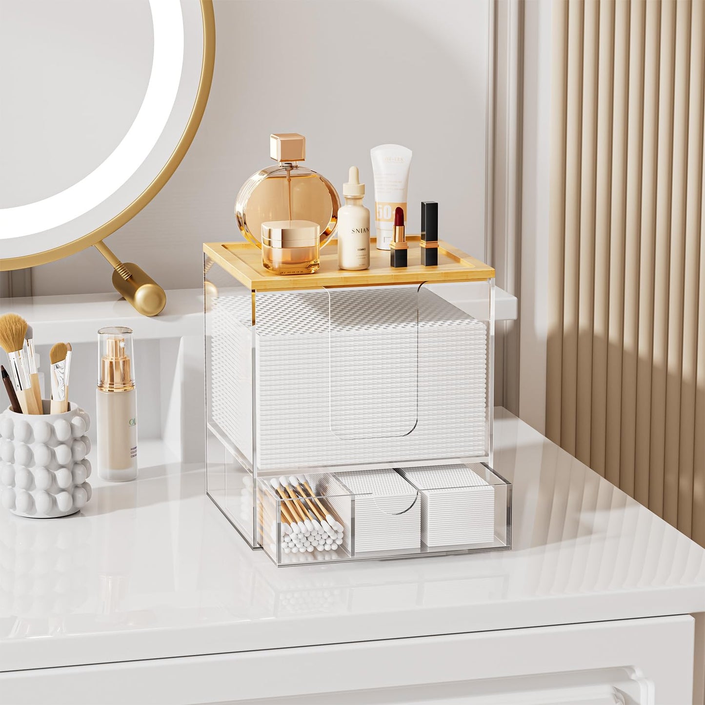 VITVITI Disposable Face Towel Holder for Clean Skin Club, Acrylic Bamboo Facial Towel Holder Box with Drawer, XL Face Towels Container for Bathroom Vanity Makeup, Clear