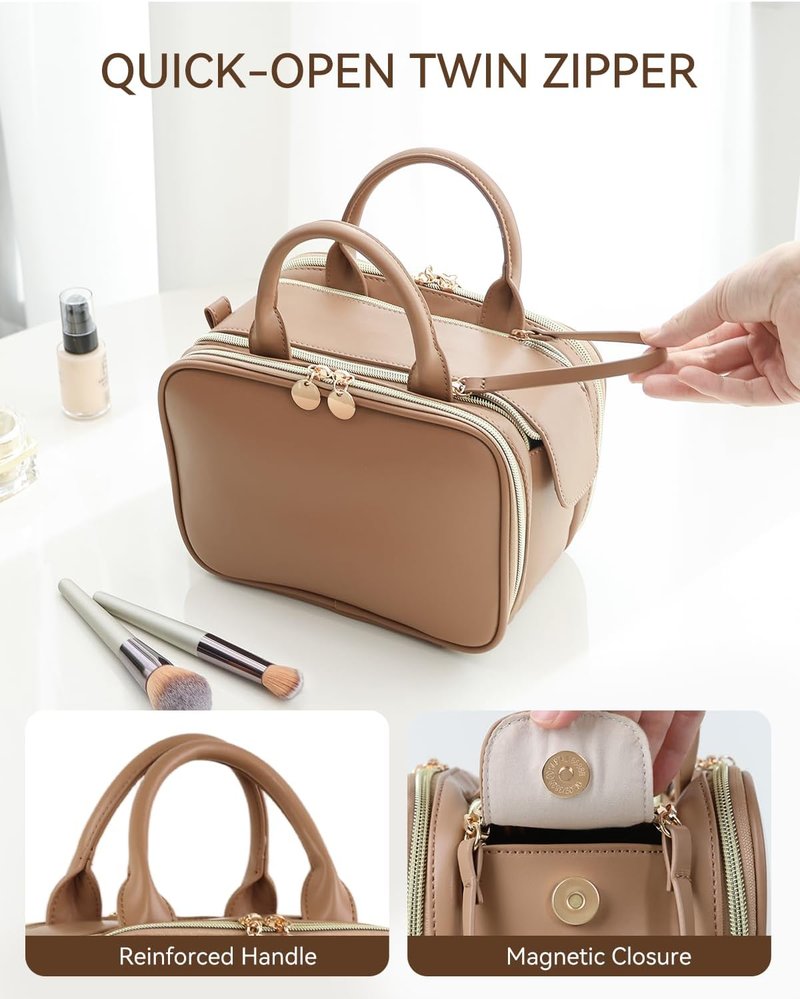 Makeup Bag for Women - Large Capacity Waterproof Travel Organizer | Portable Flat Toiletry Bag with Brush Holder (Brown Medium)