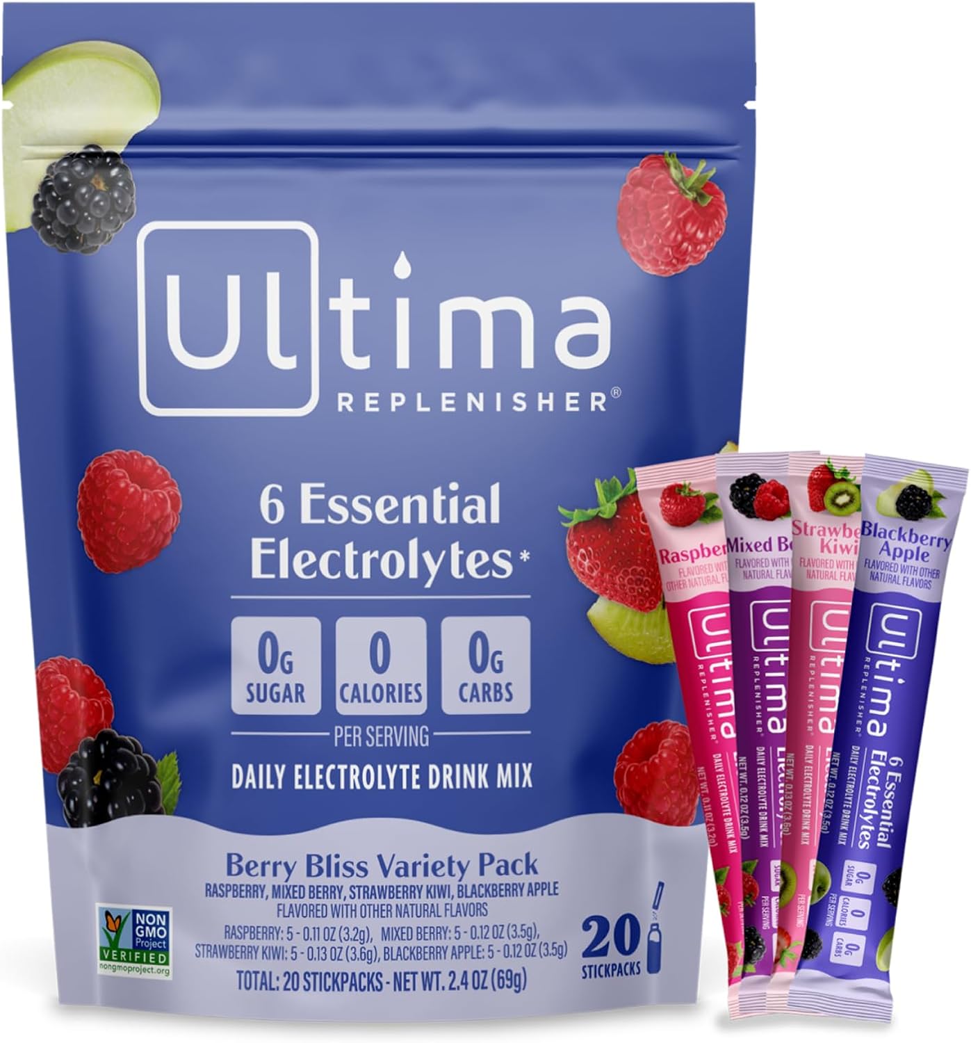 Ultima Replenisher Electrolyte Powder | Zero Sugar Hydration Packets with 6 Electrolytes – Original Variety Pack, 20 Stickpacks