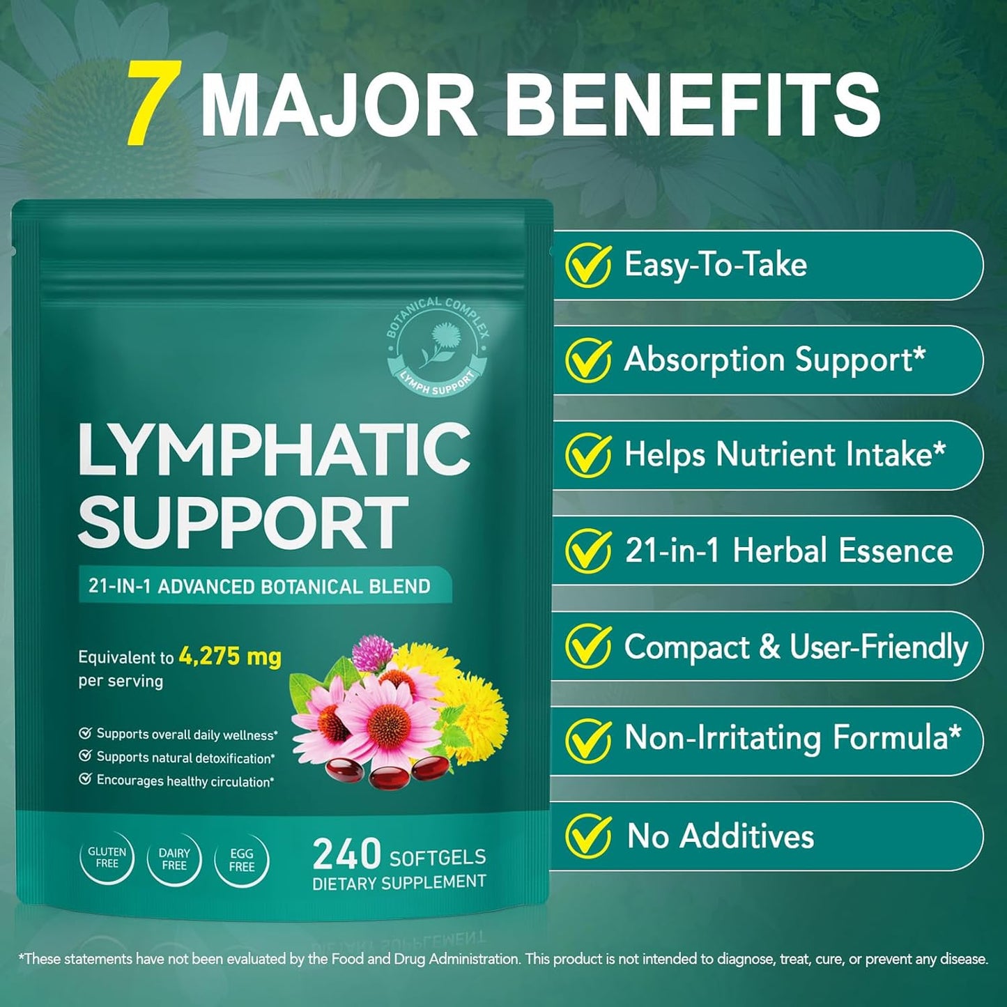 Lymphatic Drainage Supplement - 21-in-1 Botanical Blend for Detox & Circulation | 240 Softgels, 4,275 mg