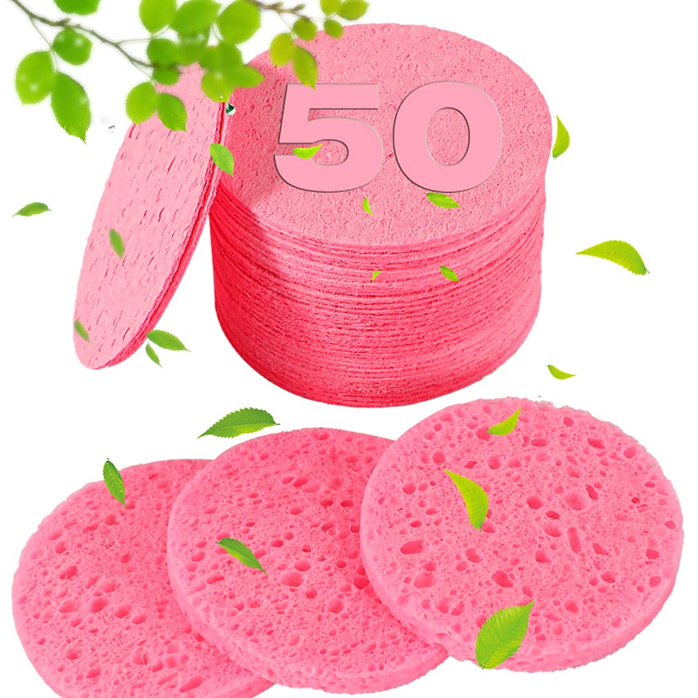 Compressed Facial Sponges - 50 PCS 100% Natural Cellulose for Estheticians | Face Cleansing, Exfoliating, Makeup Removal