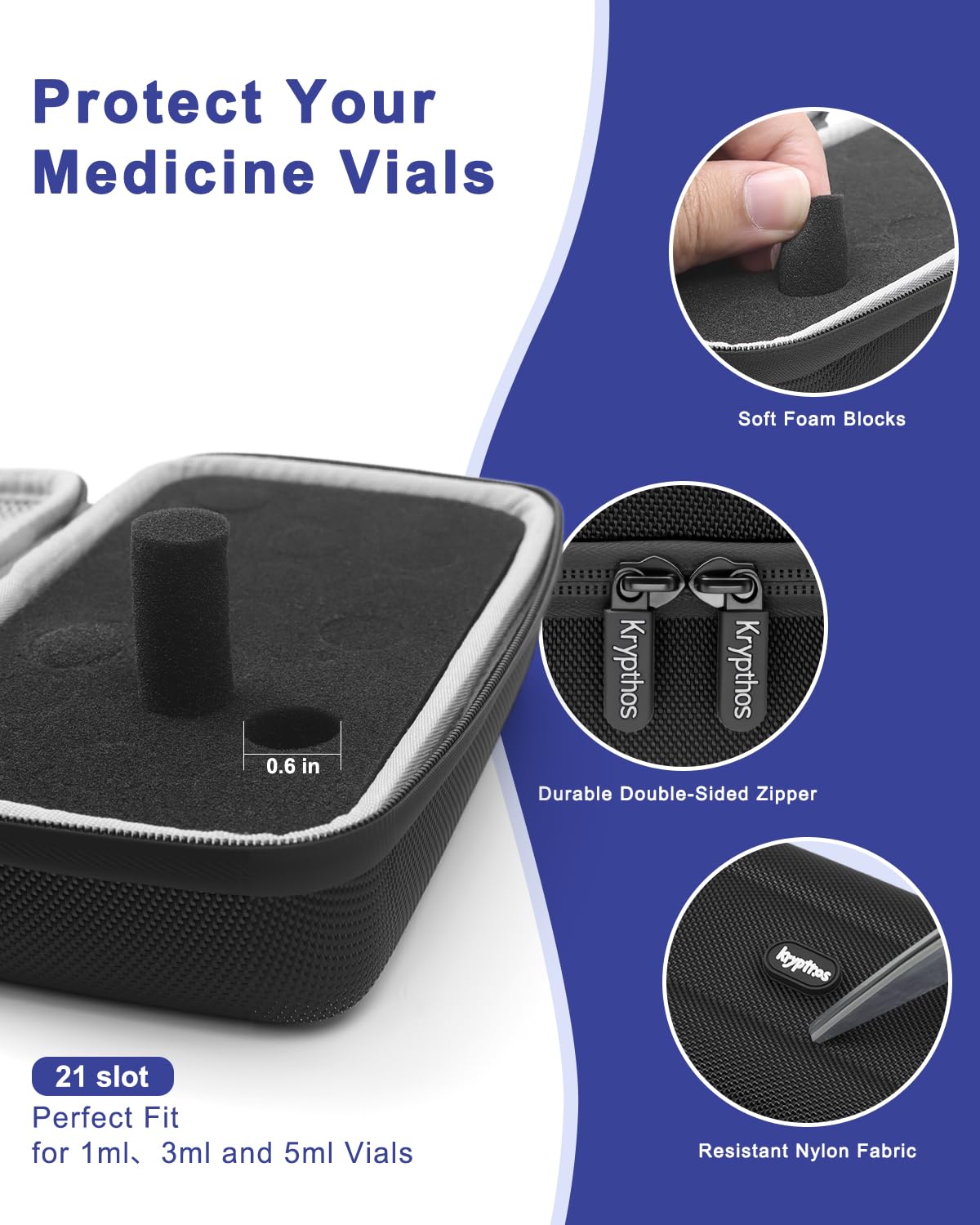 Krypthos Insulin Vial Protector Case, Insulin Vial Organizer Bag for Diabetics Standard 10ml U-100 Vials, Insulin Carrying Case Fridge Holder Storage Holder (21 Slots)