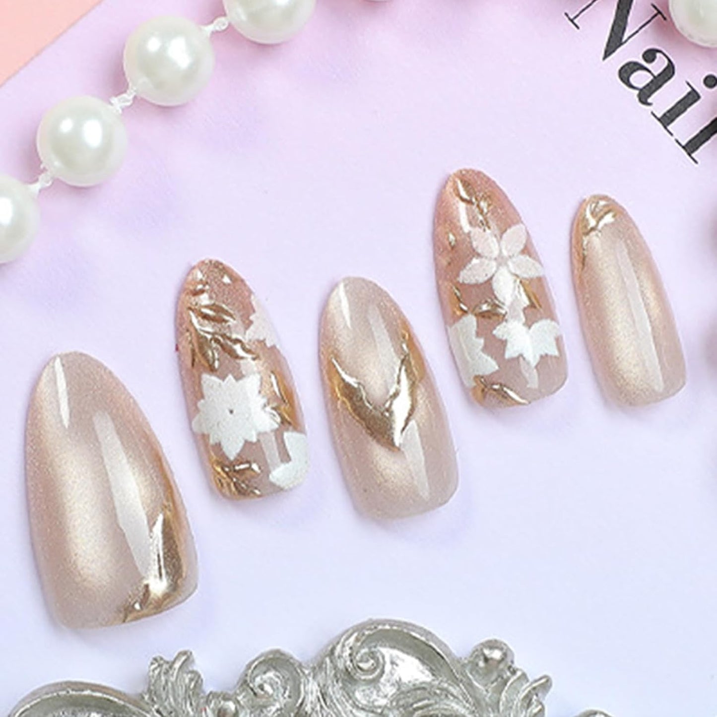 Almond Medium Press-On Nails - 30Pcs Blue Sea French Acrylic Set | 3D Cat Eye Design for Women