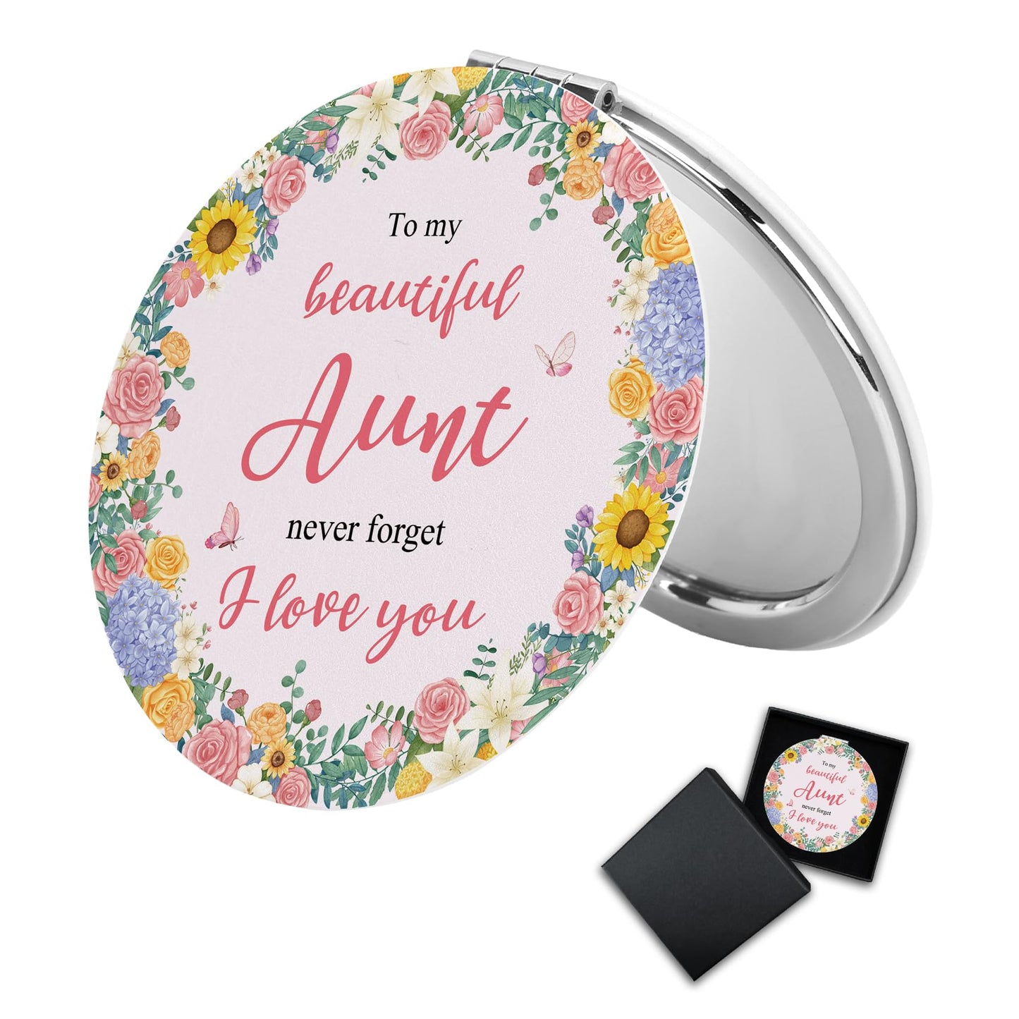 Goyinxza Aunt Gifts Aunt Gifts Pink Flower Compact Mirror from Niece Nephew Mothers Day Birthday Gift for Auntie Thanksgiving Valentines Day for Auntie Travel Folding 2-Sided Mirror